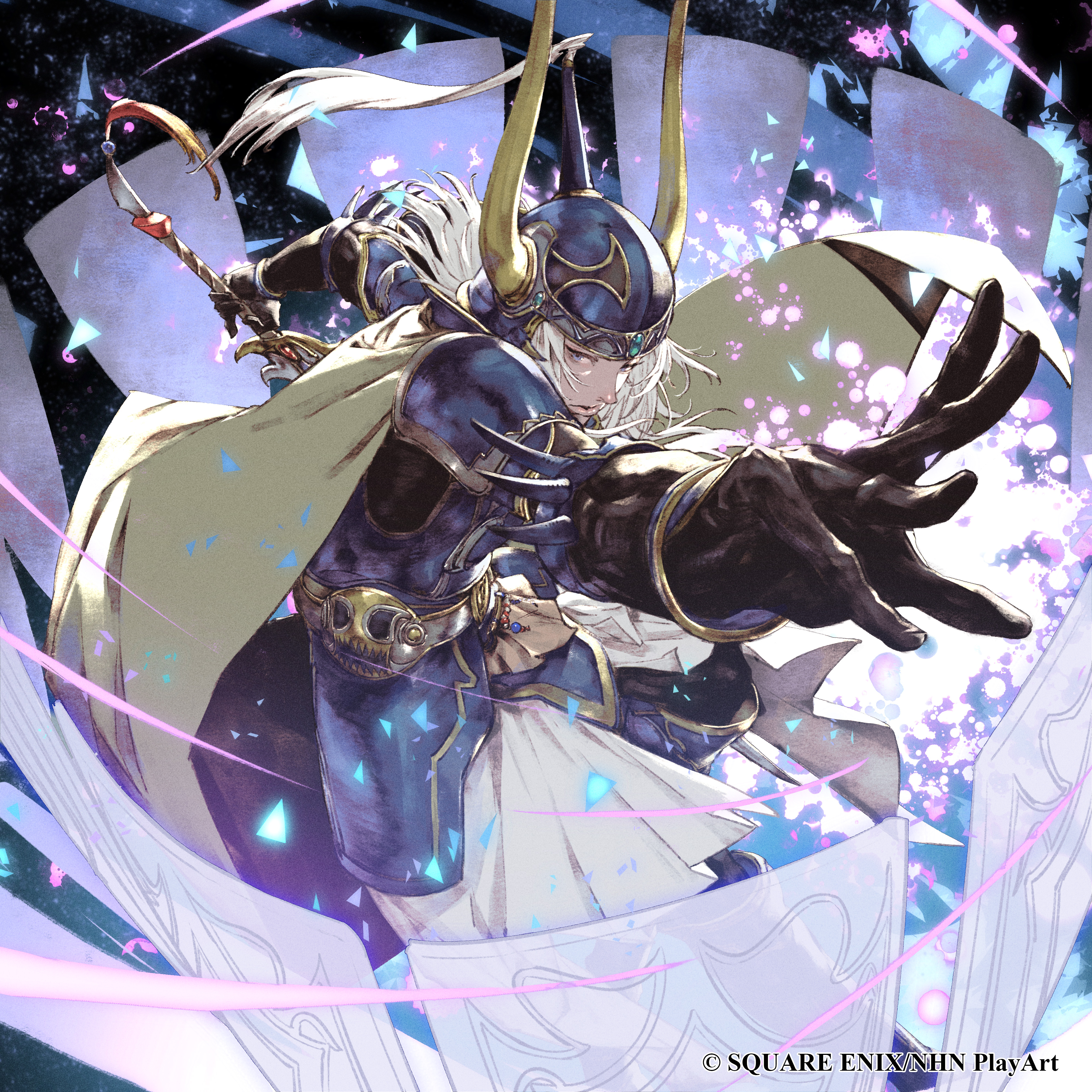 kazama raita, warrior of light (ff1), dissidia duellum final fantasy, dissidia final fantasy, final fantasy, final fantasy i, absurdres, highres, official art, 1boy, armor, cape, company name, copyright notice, fake horns, floating, floating object, helmet, holding, holding sword, holding weapon, horned helmet, horns, looking at viewer, outstretched arm, shield, solo, sword, waist cape, weapon, white hair, yellow cape