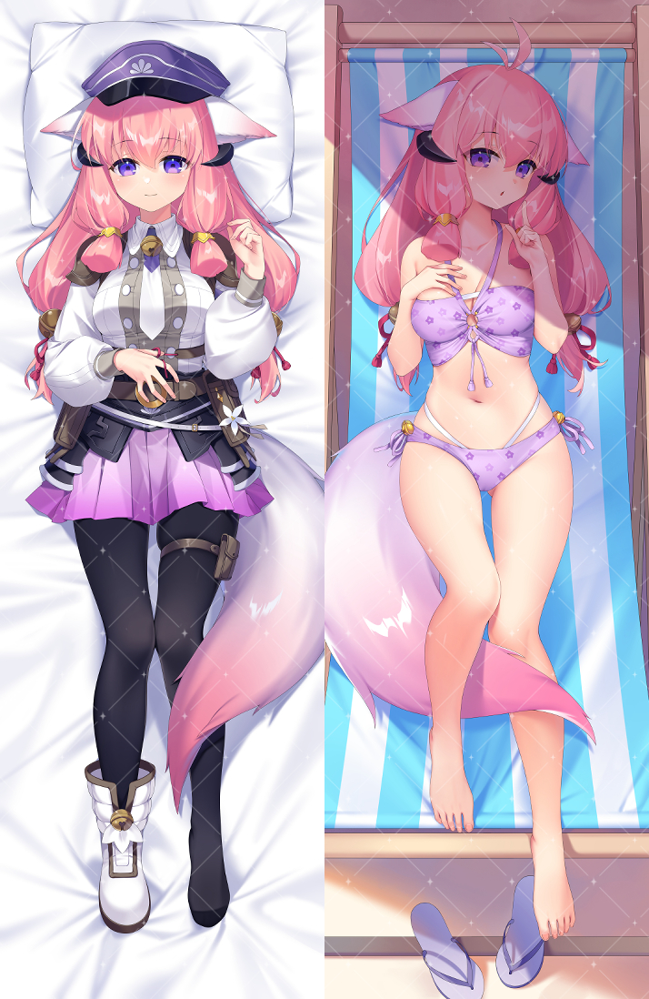 poppy (poppykakaka), hina (rune factory), rune factory, rune factory: guardians of azuma, 1girl, animal ears, black pantyhose, dakimakura (medium), fox tail, gradient clothes, gradient skirt, hat, long hair, looking at viewer, pantyhose, pink hair, purple eyes, purple hat, purple skirt, skirt, swimsuit, tail