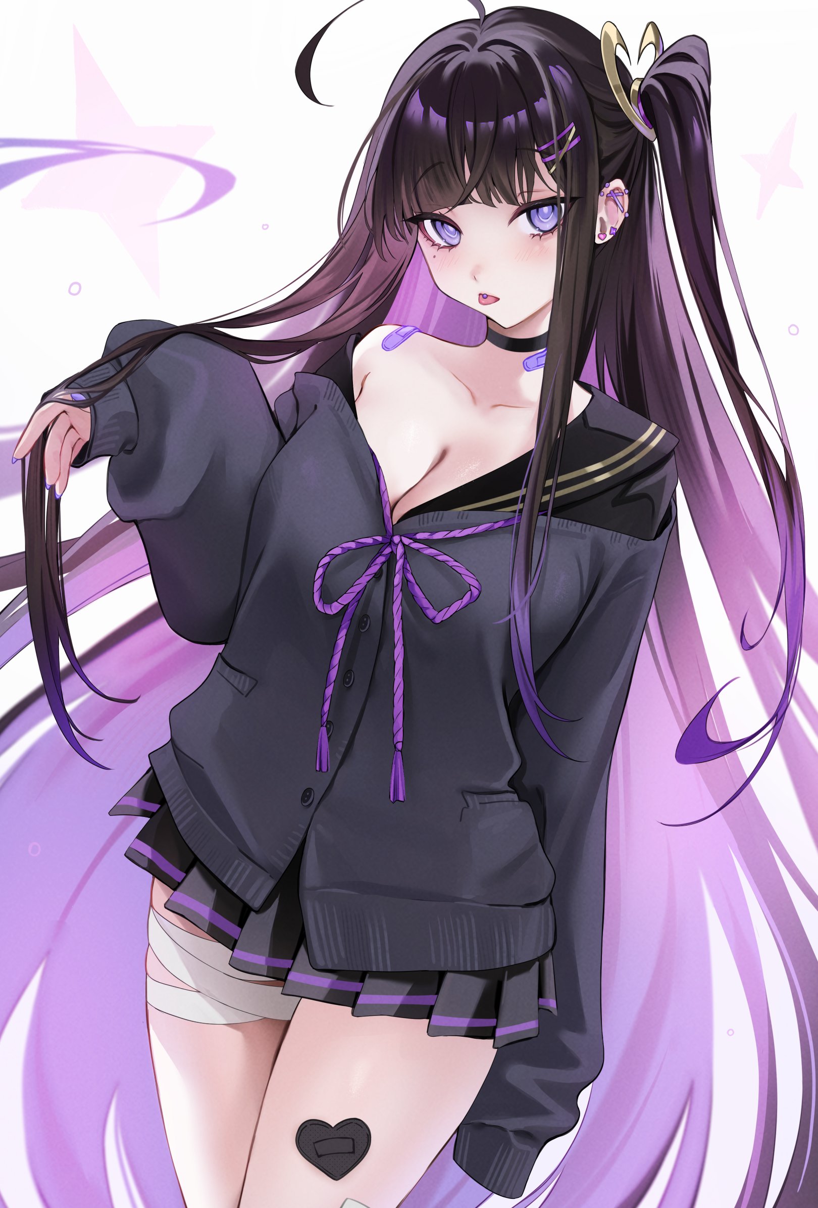ompf, chitose (stella sora), stella sora, highres, ahoge, bandage on leg, bandage on thigh, bandaged leg, bandages, black cardigan, black hair, black sailor collar, black serafuku, breasts, cardigan, cleavage, colored inner hair, ear piercing, earrings, jewelry, long hair, looking at viewer, miniskirt, mole, mole under eye, multicolored hair, multiple earrings, piercing, purple eyes, purple hair, sailor collar, school uniform, serafuku, sidelocks, skirt, solo, tongue piercing, very long hair