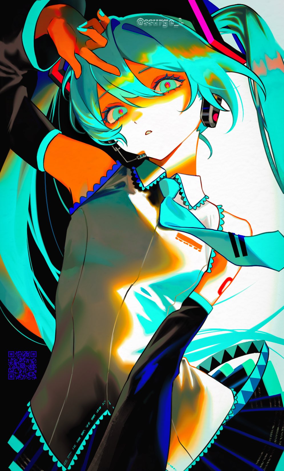 hatsune miku, vocaloid, commentary, highres, 1girl, aqua eyes, aqua hair, aqua nails, aqua necktie, artist name, black sleeves, collared shirt, detached sleeves, looking at viewer, necktie, qr code, red pupils, shirt, solo, ssurge l, twintails, twitter username
