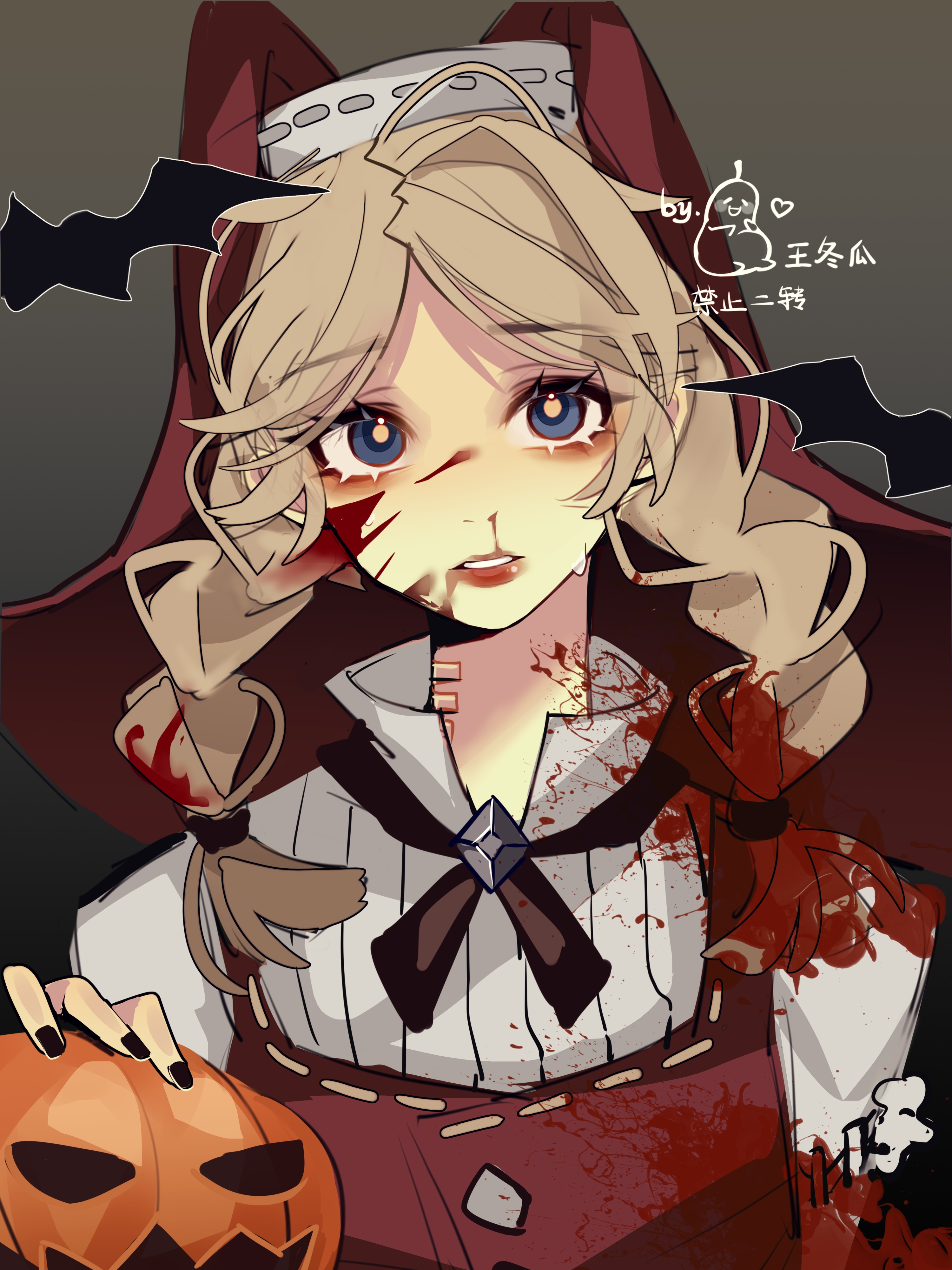 identity v, absurdres, highres, 1girl, anne lester, bat (animal), black nails, blonde hair, blood, blood from mouth, blood on clothes, blood on face, blue eyes, braid, crying, crying with eyes open, dress, holding, hua-nian, jack-o'-lantern, long hair, looking at viewer, nail polish, neck ribbon, nosebleed, parted lips, pumpkin, red dress, ribbon, shirt, simple background, solo, tears, twin braids, upper body, white shirt