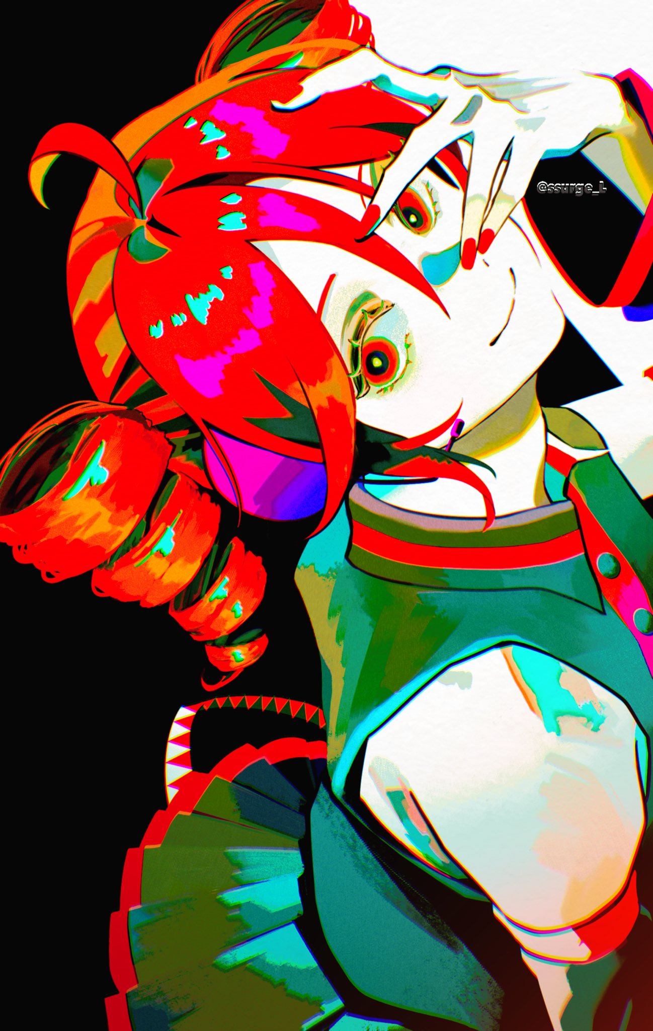 kasane teto, kasane teto (utau), utau, alt text, commentary request, highres, 1girl, artist name, black background, black shirt, black skirt, black sleeves, closed mouth, collared shirt, detached sleeves, drill hair, looking at viewer, pleated skirt, red eyes, red hair, red nails, shirt, simple background, skirt, smile, solo, ssurge l, twitter username, two-tone background, white background