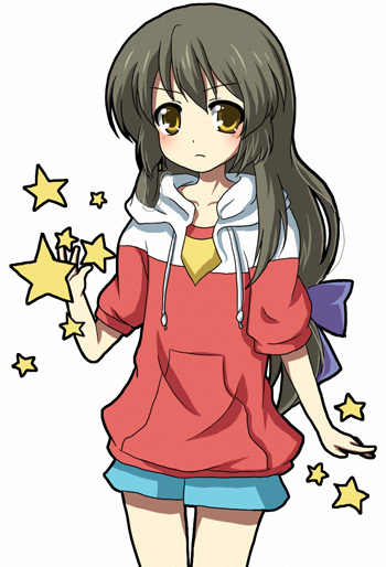 akaishi yui, ibuki fuuko, clannad, bad id, bad pixiv id, 00s, artistic error, black hair, brown eyes, casual, hood, hoodie, long hair, solo, star (symbol)