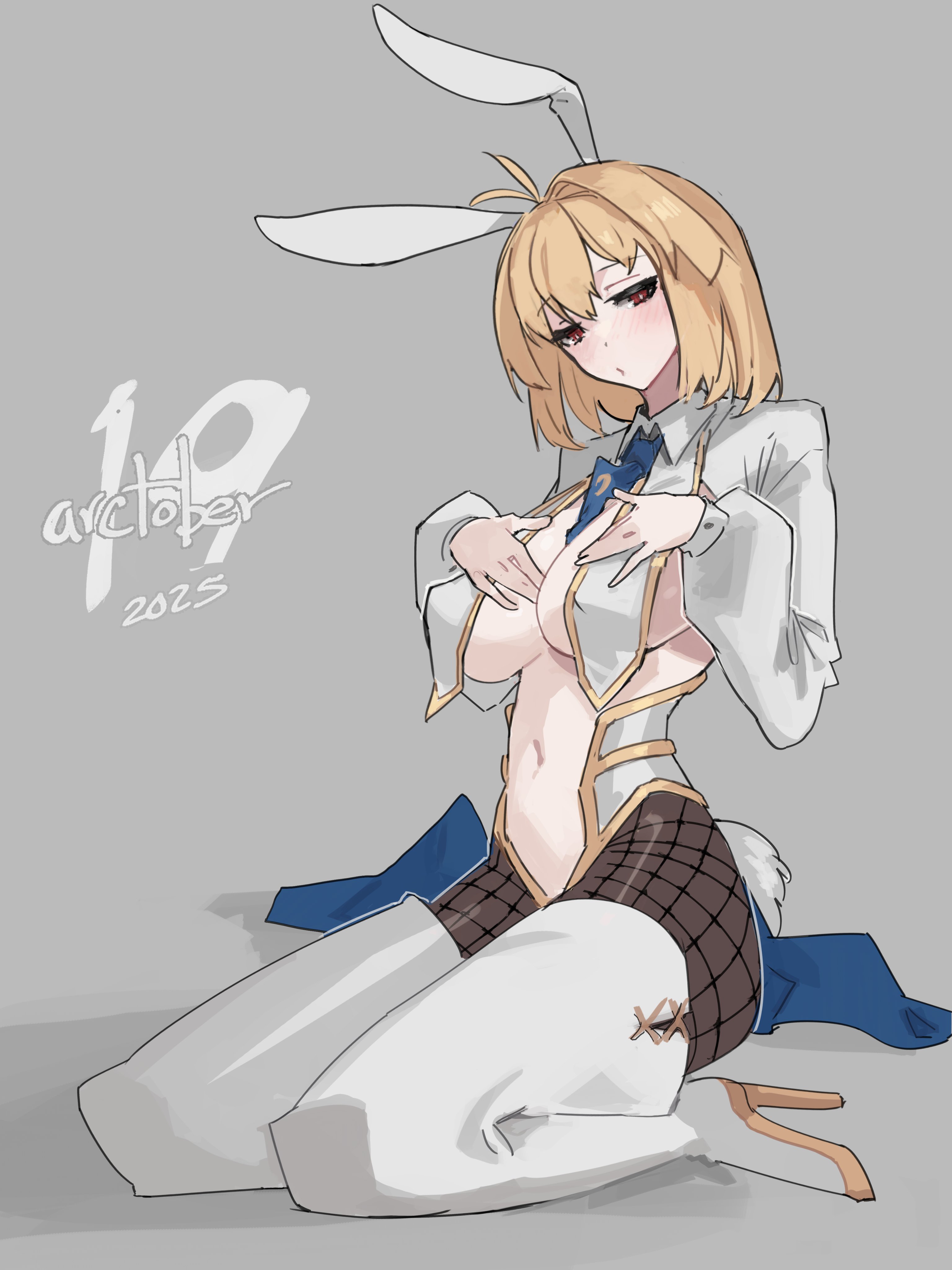 jonyeld, arcueid brunestud, tsukihime, absurdres, highres, 1girl, animal ears, blonde hair, boots, breasts, cleavage, dated, fake animal ears, fake tail, fishnet pantyhose, fishnets, grey background, large breasts, pantyhose, rabbit ears, rabbit tail, red eyes, shirt, short hair, simple background, solo, tail, thigh boots, white boots, white shirt