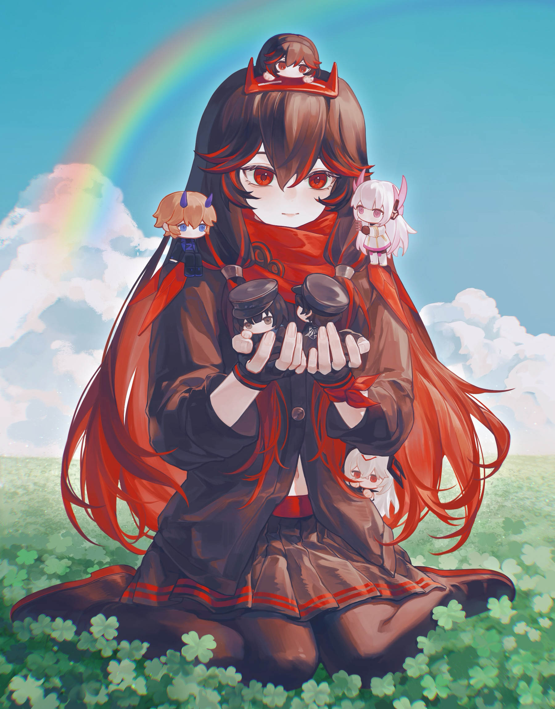 zhou huan (dgpe2833), chaos (pgr), commandant (pgr), lee: palefire (pgr), lee (pgr), liv: eclipse (pgr), liv (pgr), lucia: lotus (pgr), lucia (pgr), punishing: gray raven, chinese commentary, commentary request, commission, highres, partial commentary, 2boys, 4girls, black gloves, black pantyhose, black shirt, black shoes, black skirt, blue sky, brown hair, chibi, chibi inset, chibi on head, chibi on shoulder, cloud, clover, colored tips, fake horns, fingerless gloves, four-leaf clover, full body, gloves, gradient hair, grasslands, hair between eyes, holding chibi, horns, light smile, long hair, low-tied sidelocks, miniskirt, multicolored hair, multiple boys, multiple girls, navel peek, on grass, on head, outdoors, pantyhose, pleated skirt, rainbow, red eyes, red hair, red scarf, scarf, shirt, shoes, sidelocks, sitting, skirt, sky, small horns, solo focus, streaked hair, wariza