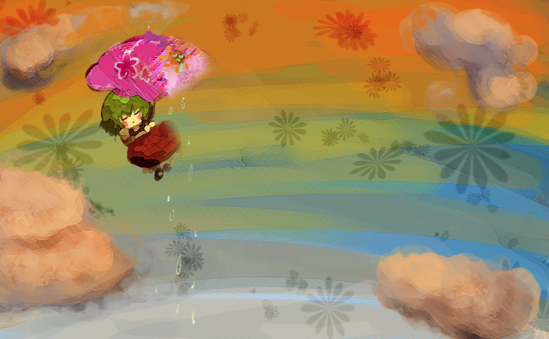 terada tera, kazami yuuka, touhou, bad id, bad pixiv id, 1girl, blush stickers, chibi, closed eyes, cloud, female focus, green hair, plaid clothes, plaid skirt, rainbow, short hair, skirt, solo, umbrella, umbrella riding