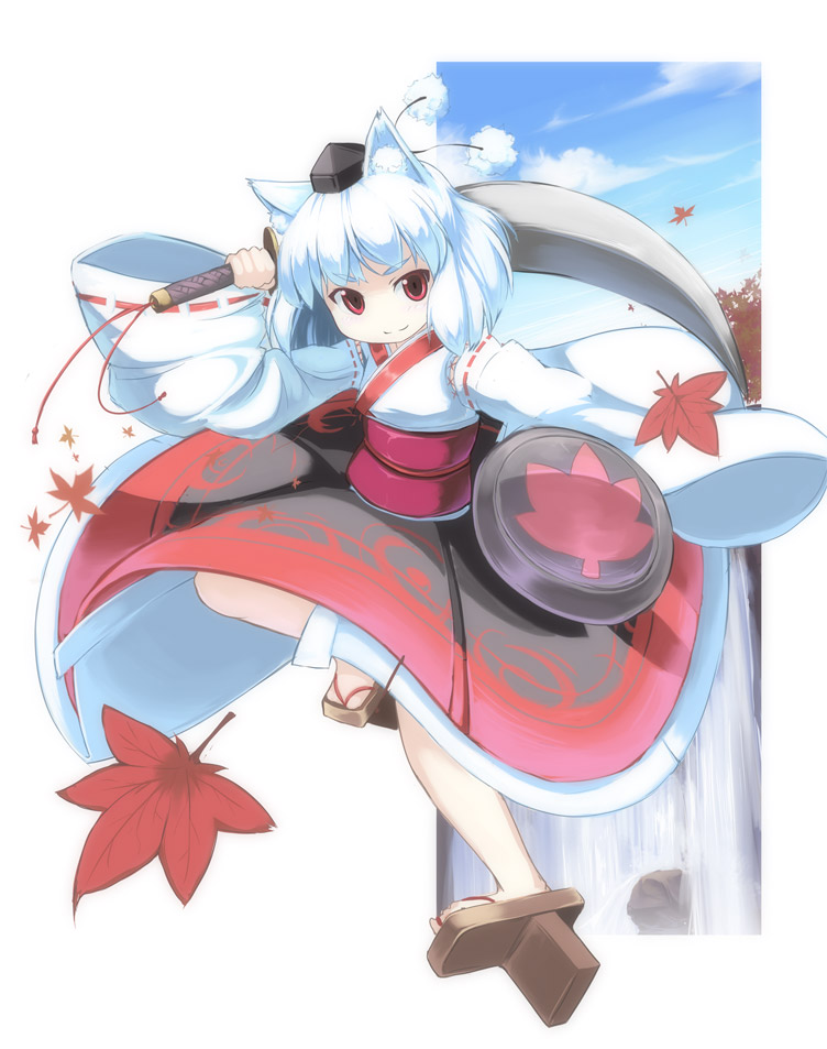 asakura masatoki, inubashiri momiji, touhou, 1girl, animal ears, child, female focus, geta, hat, leaf, red eyes, shield, sky, solo, sword, tengu-geta, tokin hat, water, waterfall, weapon, white hair, wolf ears