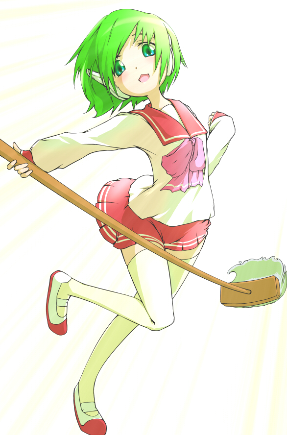 nama (namaiki), multi (to heart), to heart, to heart (series), bad id, bad pixiv id, 1girl, female focus, full body, green eyes, green hair, mop, ribbon, robot ears, school uniform, shoes, short hair, simple background, skirt, solo, thighhighs, uwabaki, white background