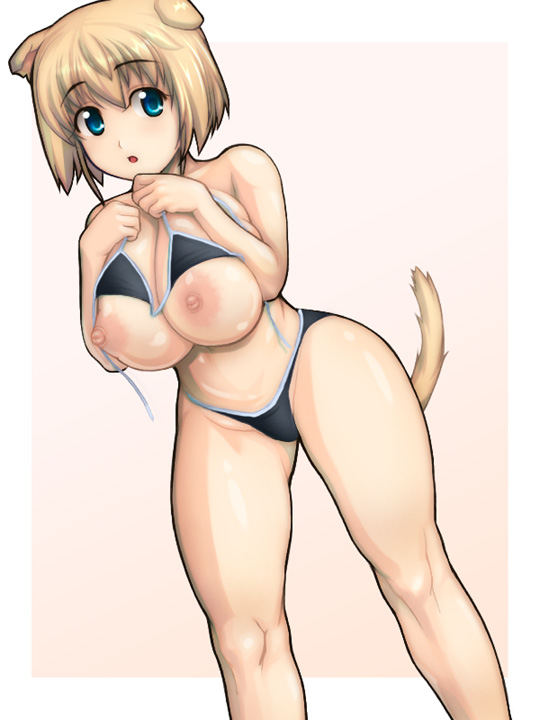 fuyu, original, 1girl, animal ears, bikini, black bikini, blonde hair, blue eyes, breast suppress, breasts, brown hair, curvy, dog ears, female focus, green eyes, huge breasts, nipples, plump, solo, swimsuit, tail, undressing