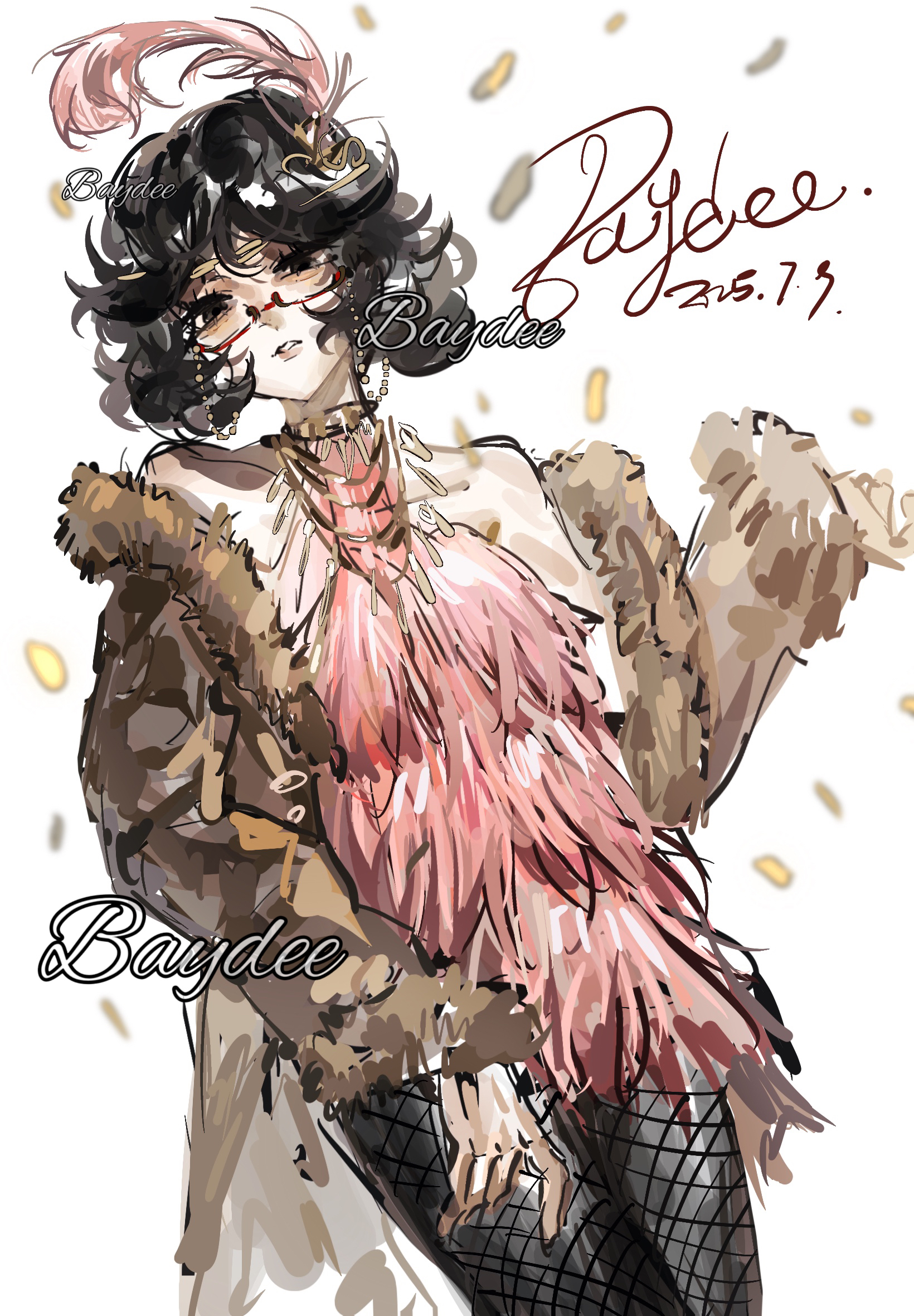 baydee, margaretha zelle, identity v, highres, procreate (medium), 1girl, bare shoulders, black eyes, black hair, black pantyhose, brown coat, brown jacket, coat, cowboy shot, dated, dress, feather hair ornament, feathers, fishnet pantyhose, fishnets, fur coat, fur trim, glasses, hair ornament, jacket, jewelry, long sleeves, looking at viewer, necklace, off shoulder, pantyhose, parted lips, pink dress, red-framed eyewear, semi-rimless eyewear, short hair, simple background, solo, wavy hair, white background