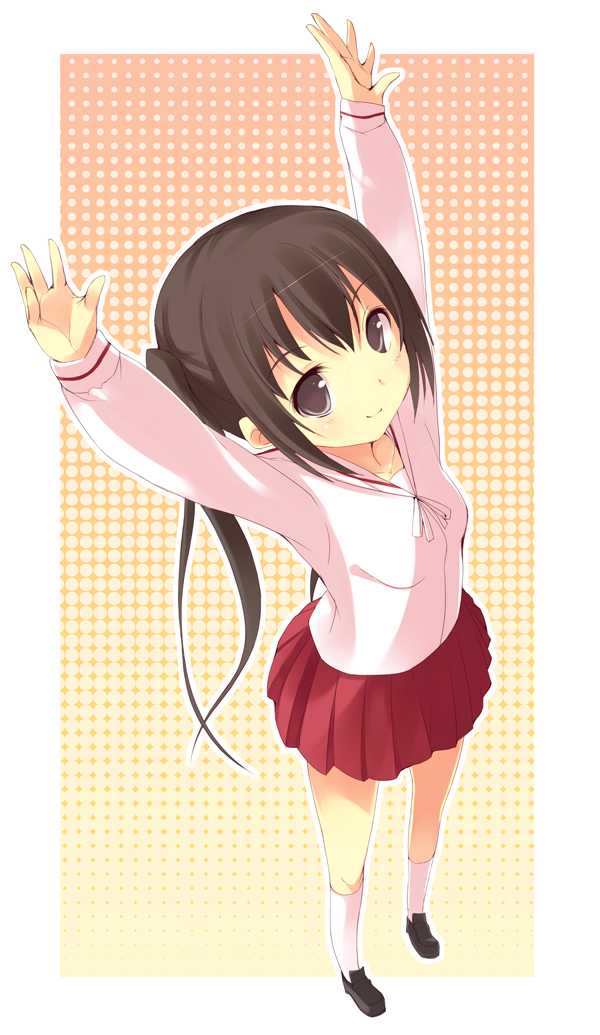 amaa (chou dennou jidai), saratosozyu, minami kana, minami-ke, bad id, bad pixiv id, 00s, arms up, brown hair, foreshortening, from above, kneehighs, long hair, school uniform, skirt, socks, solo, twintails