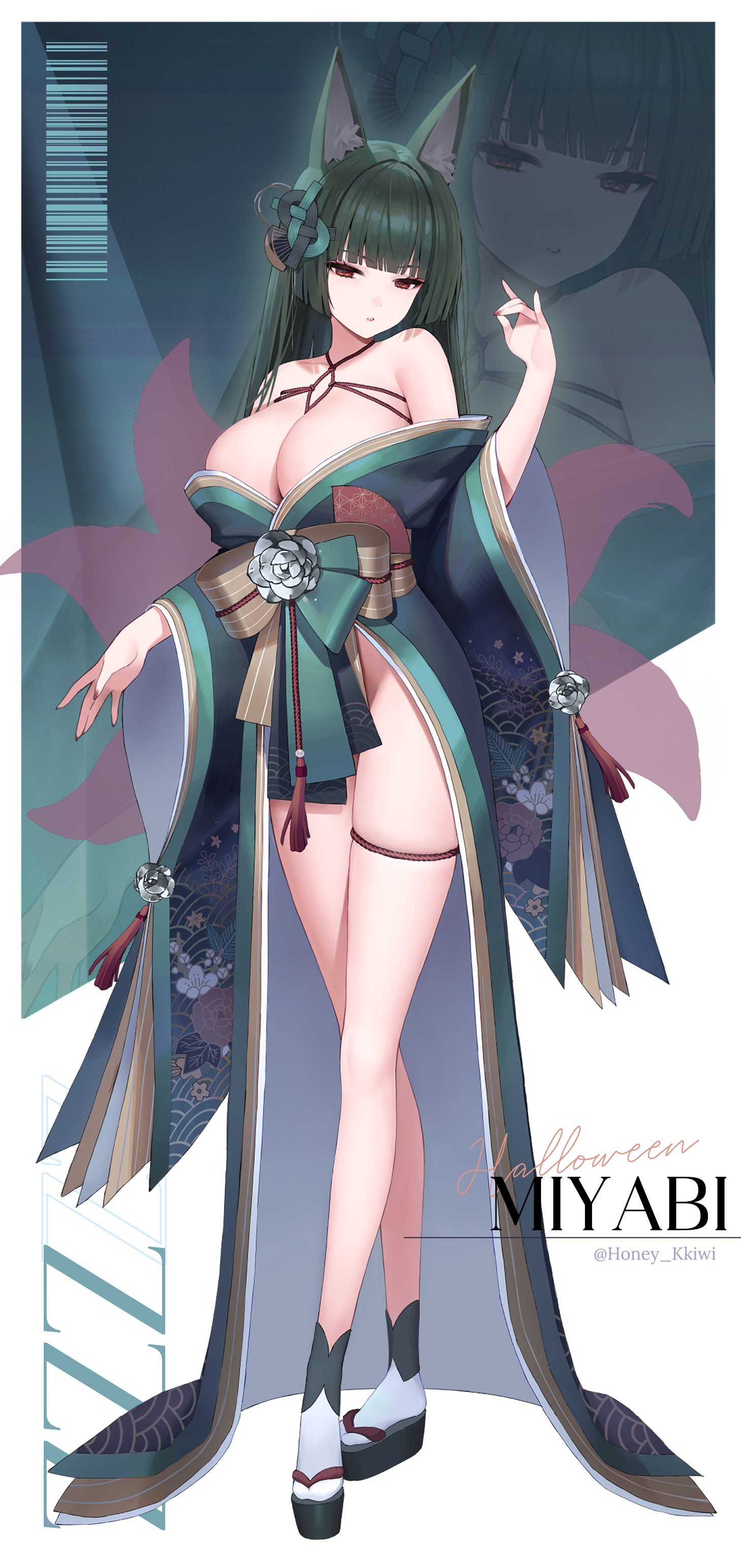 lemonpear, hoshimi miyabi, zenless zone zero, absurdres, commentary, english commentary, highres, 1girl, alternate breast size (larger), animal ear fluff, animal ears, barcode, bare shoulders, black hair, blunt bangs, breasts, brown ribbon, character name, fox ears, fox girl, fox shadow puppet, green background, green kimono, green ribbon, hair ornament, japanese clothes, kimono, large breasts, long hair, looking at viewer, off shoulder, okobo, open clothes, open kimono, platform sandals, red eyes, red nails, ribbon, sandals, socks, solo, standing, tabi, thigh strap, twitter username, white socks, zoom layer