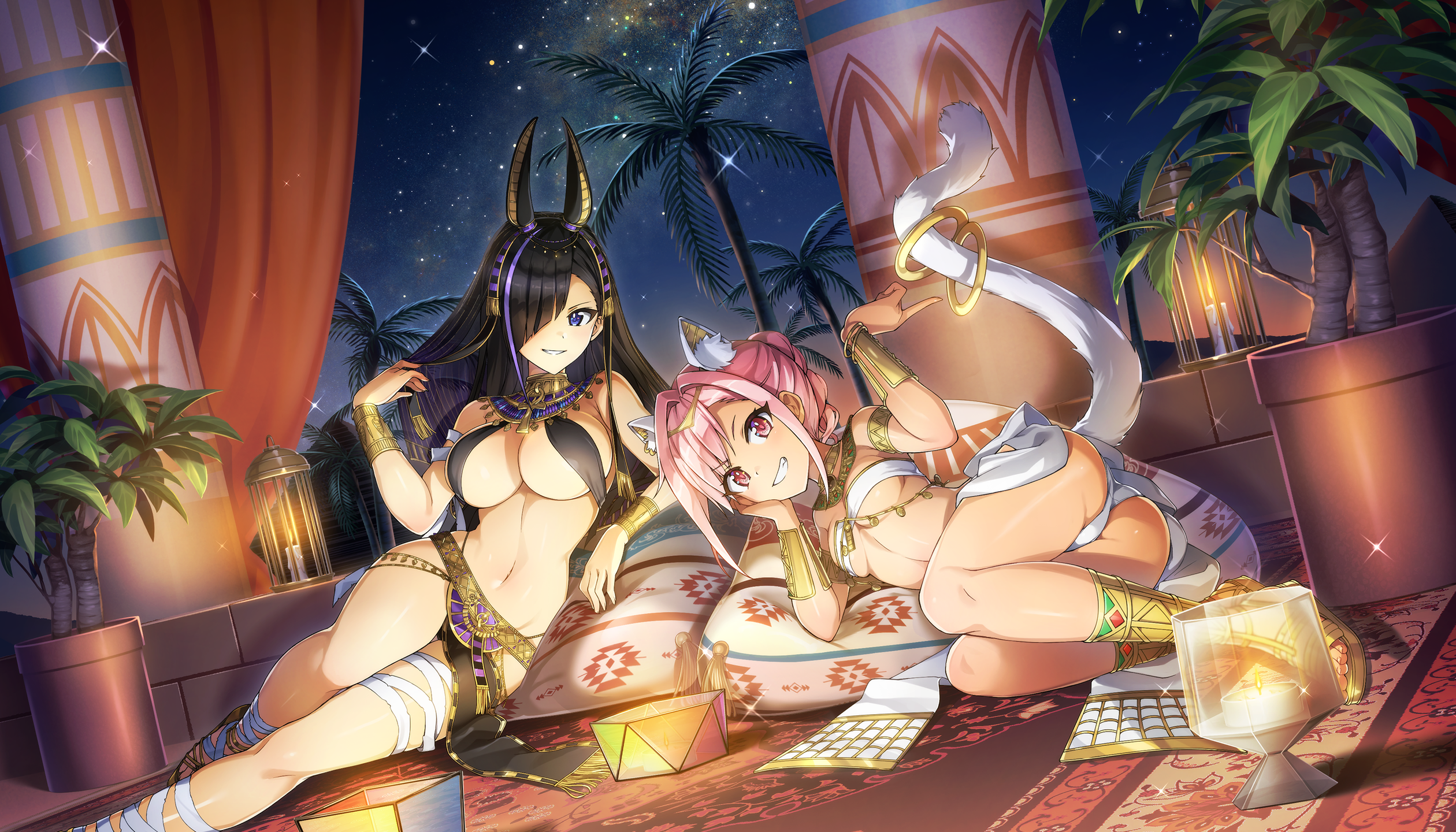 ootomo takuji, anubis (mythology), kurose minami, urami kana, dolphin wave, game cg, highres, non-web source, official art, 2girls, ancient egyptian, ancient egyptian clothes, animal ears, anubis (mythology) (cosplay), armlet, black hair, blue eyes, breasts, clenched teeth, cosplay, dark-skinned female, dark skin, eye of horus, fake tail, gold thighlet, grin, hair over eyes, hieroglyphics, jackal ears, jewelry, long hair, looking at viewer, multiple girls, navel, night, night sky, official alternate costume, one eye covered, outdoors, pharaoh, pillow, pink eyes, pink hair, purple streaks, single hair streak, sky, small breasts, smile, star (sky), starry sky, tail, tan, teeth, thighlet, underboob, usekh collar