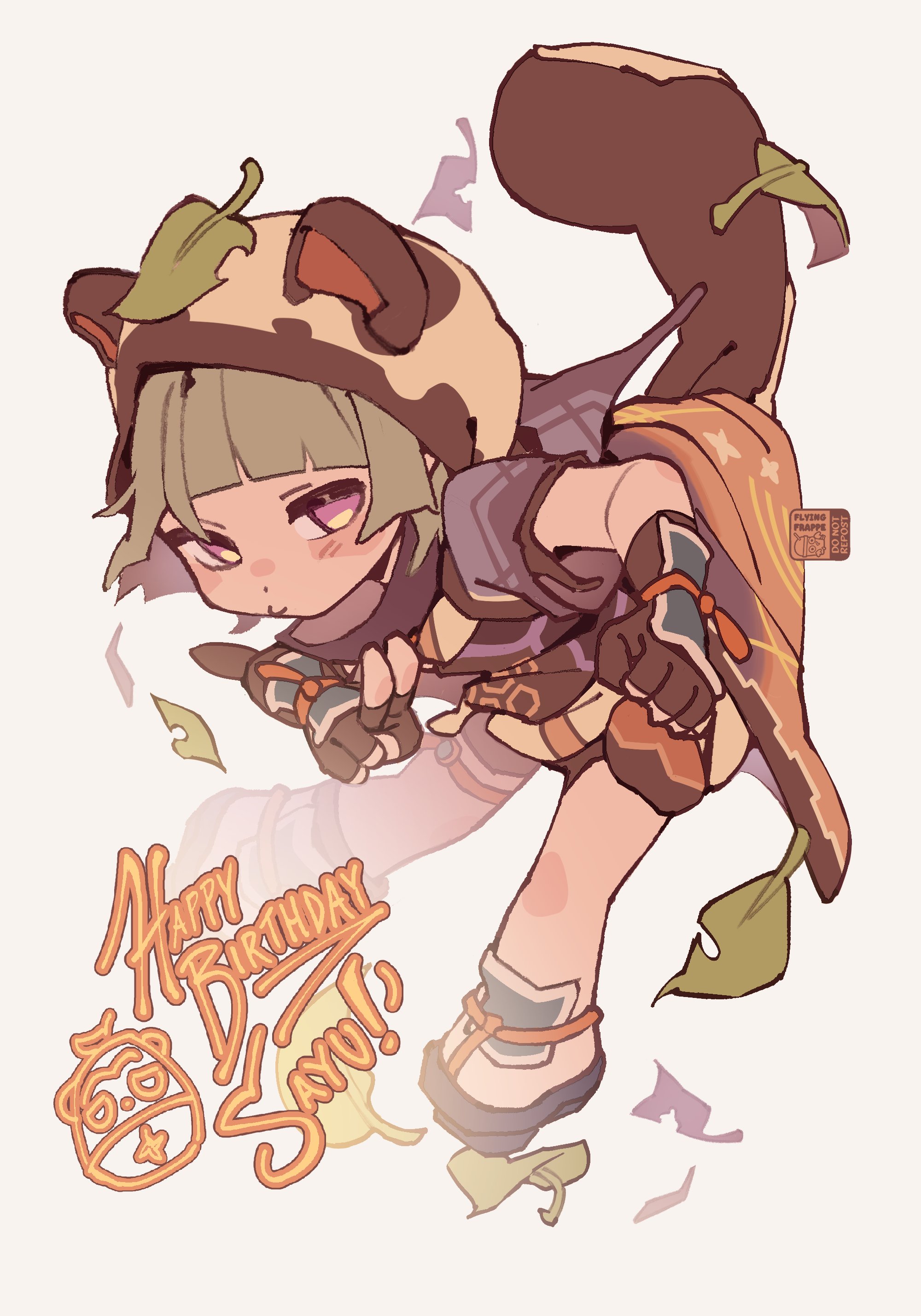 flying-frappuccino, sayu (genshin impact), genshin impact, absurdres, commentary, english commentary, highres, 1girl, animal ears, armor, artist name, black gloves, blue sandals, blunt bangs, blush, character name, clenched hand, closed mouth, colored inner hair, english text, fingerless gloves, floral print, full body, gloves, green hair, hand up, happy birthday, honeycomb (pattern), hood, jacket, japanese armor, japanese clothes, kimono, kote, kurokote, leaf, leaf on head, multicolored hair, open clothes, open jacket, purple eyes, purple hair, purple jacket, raccoon ears, raccoon girl, raccoon hood, raccoon tail, sandals, short hair, short kimono, short sleeves, simple background, solo, standing, tail, thigh strap, v, white background, yellow hood, yellow kimono