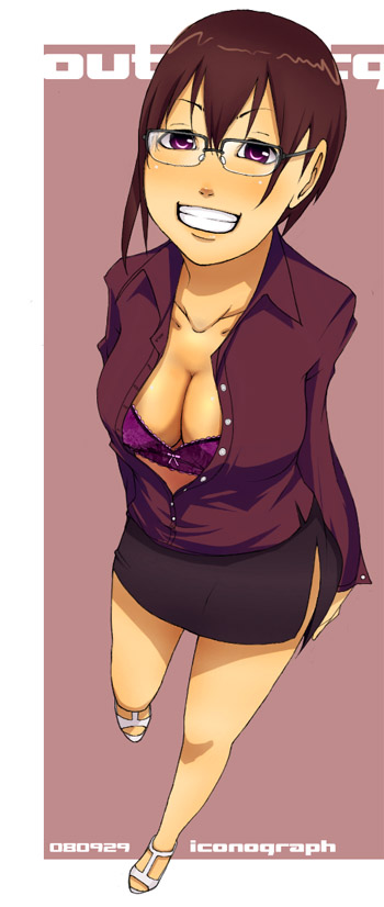 mrsy.ai, original, 1girl, bra, breasts, brown hair, cleavage, female focus, glasses, grin, lingerie, miniskirt, open clothes, open shirt, pencil skirt, purple eyes, shirt, short hair, skirt, smile, solo, underwear