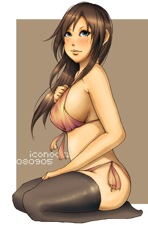 mrsy.ai, original, bikini, blue eyes, blush, breasts, brown hair, front-tie top, large breasts, long hair, side-tie bikini bottom, sideboob, solo, swimsuit, thighhighs