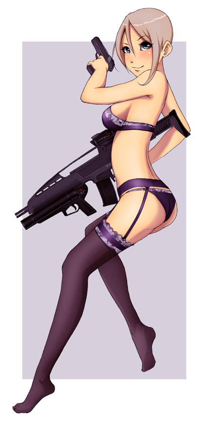 mrsy.ai, alliant techsystems, heckler & koch, original, 1girl, ass, blue eyes, bra, breasts, brown hair, feet, female focus, garter belt, gun, h&k xm8, large breasts, lingerie, military program, oicw increment 1 (military program), oicw increments (military program), panties, short hair, sideboob, solo, thighhighs, underwear, underwear only, weapon