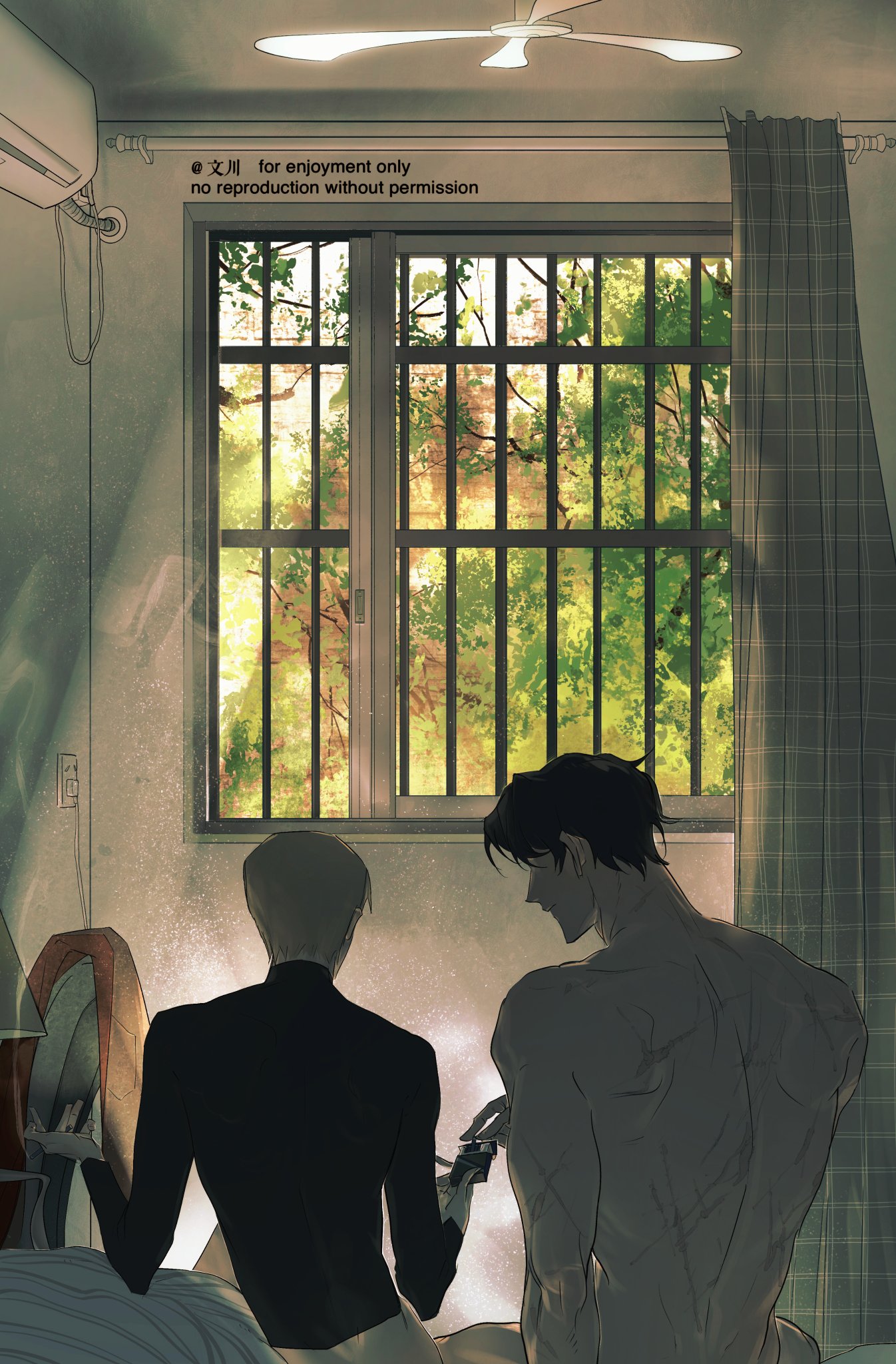 yoo joonghyuk, omniscient reader's viewpoint, commentary, hashtag-only commentary, highres, symbol-only commentary, 2boys, air conditioner, black hair, black shirt, blonde hair, ceiling fan, cheon inho, cigarette, cowboy shot, curtains, full body, holding, holding cigarette, indoors, lighting cigarette, male focus, multiple boys, multiple scars, nicayuko, no shirt, scar, scar on arm, scar on back, shirt, short hair, sitting, smoke, smoking, tree, window light