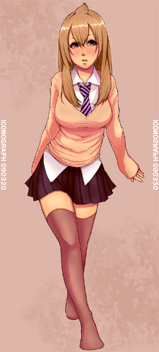 mrsy.ai, minami chiaki, minami-ke, 00s, aged up, ahoge, breasts, brown eyes, brown hair, large breasts, long hair, necktie, school uniform, skirt, solo, thighhighs, zettai ryouiki