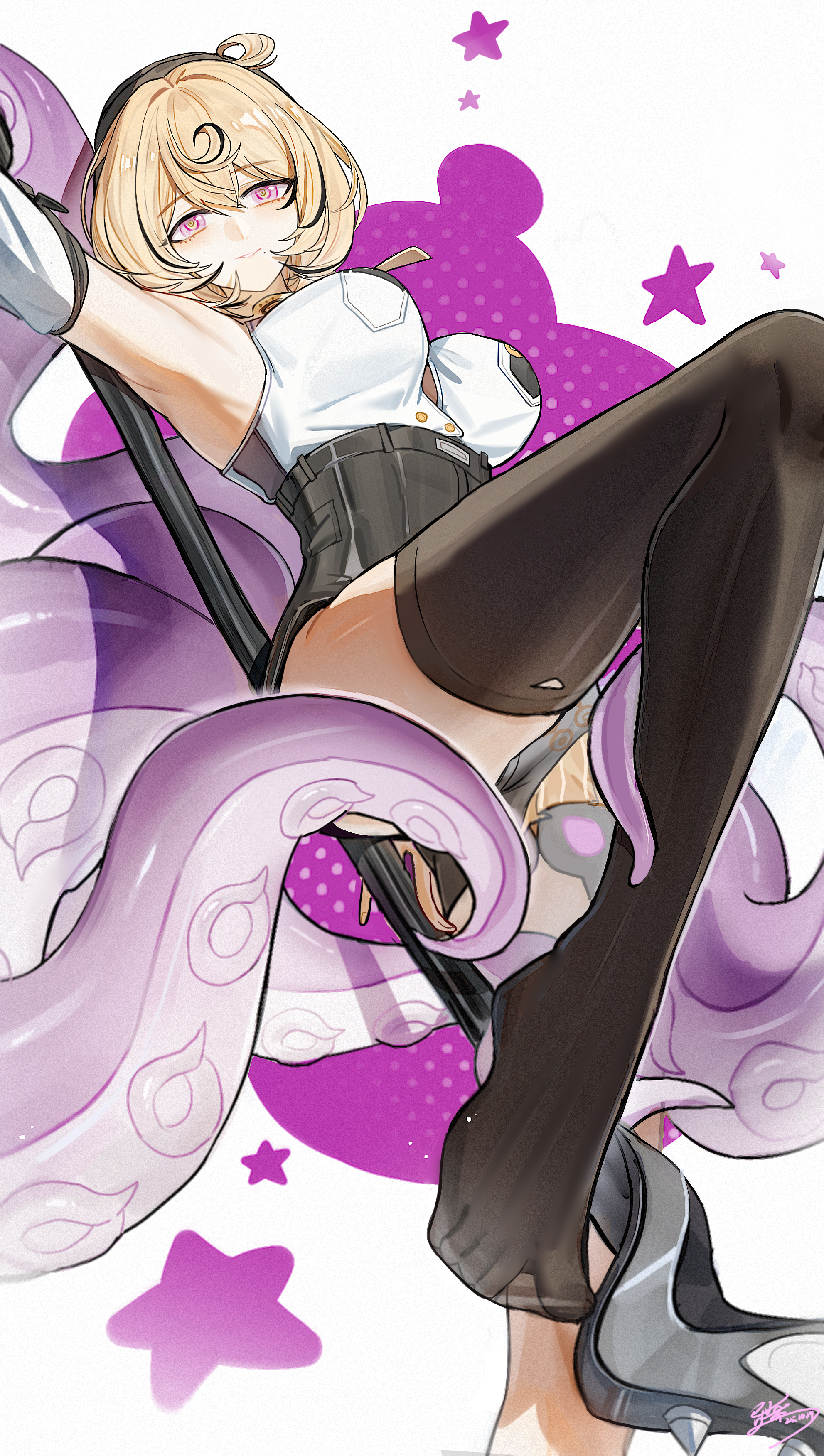 yisjhui, zenless zone zero, absurdres, character request, chinese commentary, commentary request, highres, 1girl, ahoge, arm out of frame, arm up, armpits, black hat, black thighhighs, blonde hair, breasts, dated, detached sleeves, foot out of frame, hair between eyes, hair intakes, hat, high-waist shorts, holding, holding polearm, holding weapon, large breasts, looking at viewer, mole, mole under mouth, parted lips, pink eyes, polearm, polka dot, polka dot background, purple background, shirt, short hair, short shorts, shorts, signature, single thighhigh, sleeveless, sleeveless shirt, smile, solo, star (symbol), tentacles, thighhighs, toes, weapon, white background, white shirt, white sleeves