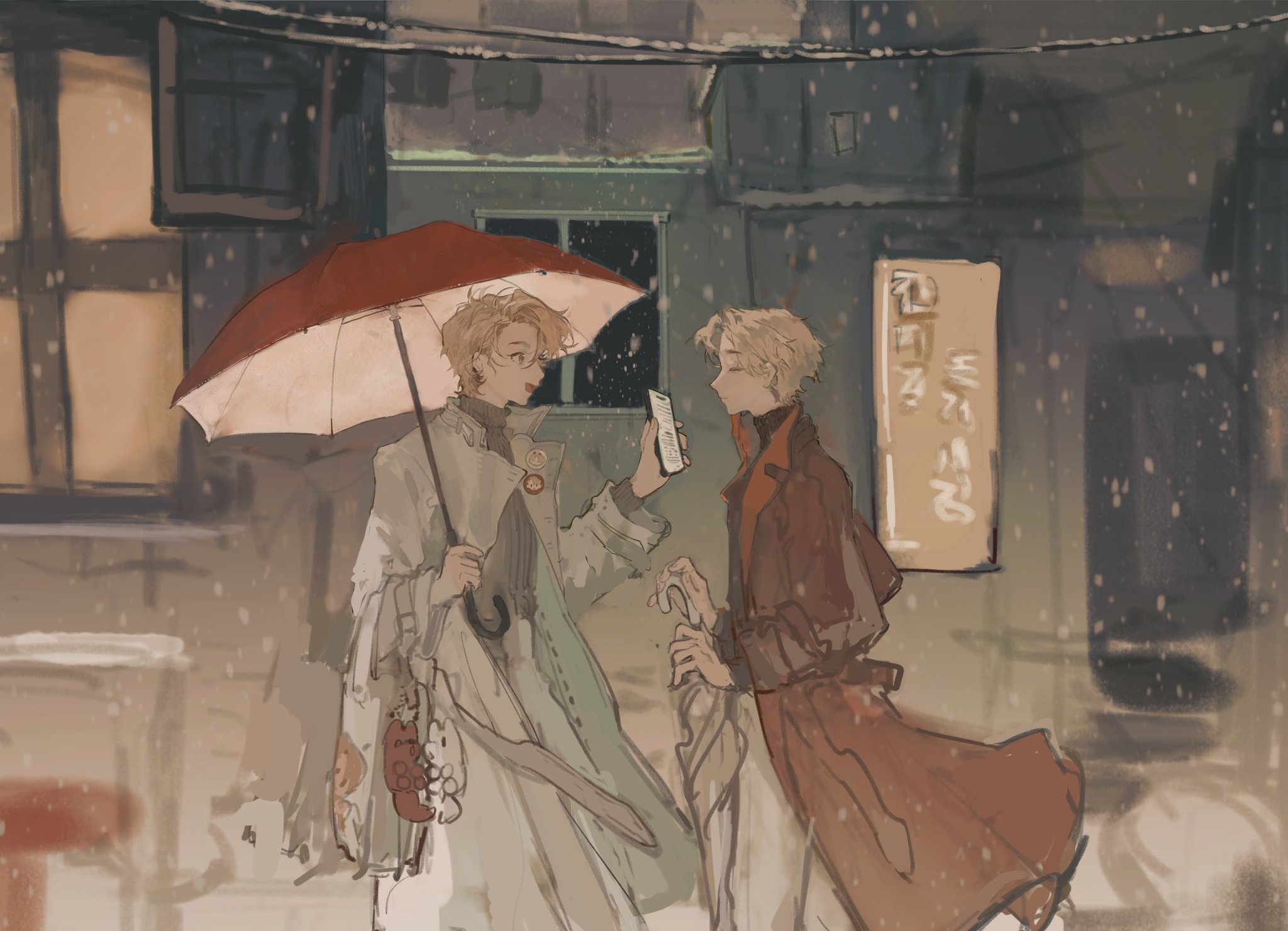 omniscient reader's viewpoint, highres, 2boys, :d, bag, black shirt, blonde hair, brown eyes, cheon inho, coat, crew neck, feet out of frame, holding, holding phone, holding umbrella, korean text, lee hakhyun, looking at phone, male focus, motion blur, multiple boys, nicayuko, open clothes, open coat, open mouth, outdoors, phone, popped collar, power lines, red coat, road, shirt, short hair, shoulder bag, sign, smile, snow, snowing, street, umbrella, white coat