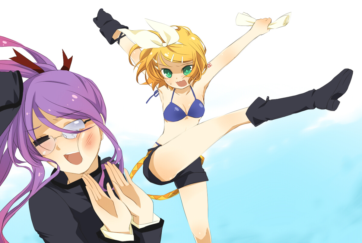 meimone, kagamine rin, kamui gakupo, noroi no megane (vocaloid), vocaloid, bad id, bad pixiv id, belt, bikini, bikini top only, blonde hair, blush, boots, bow, flat chest, glasses, gloves, green eyes, hair bow, hair ornament, hairpin, kicking, map, midriff, ponytail, purple hair, short hair, shorts, single glove, swimsuit, tattoo