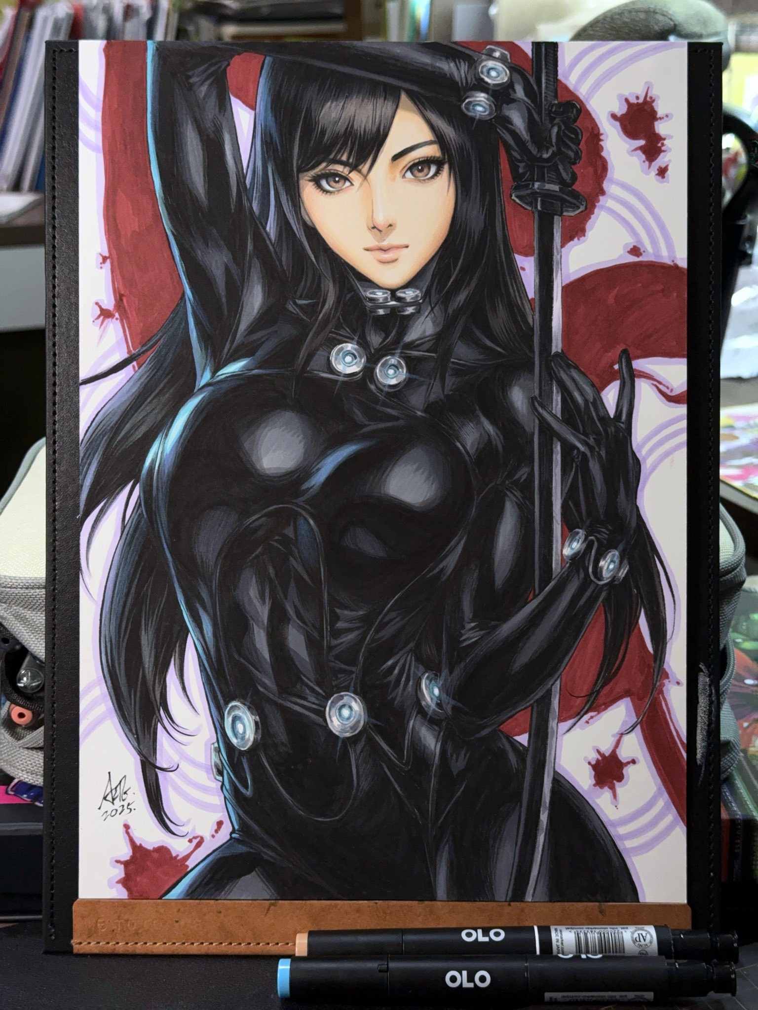 stanley lau, shimohira reika, gantz, commentary, highres, 1girl, artist name, black hair, bodysuit, breasts, brown eyes, gantz suit, gantz sword, impossible bodysuit, impossible clothes, large breasts, long hair, monochrome, solo, sword, weapon