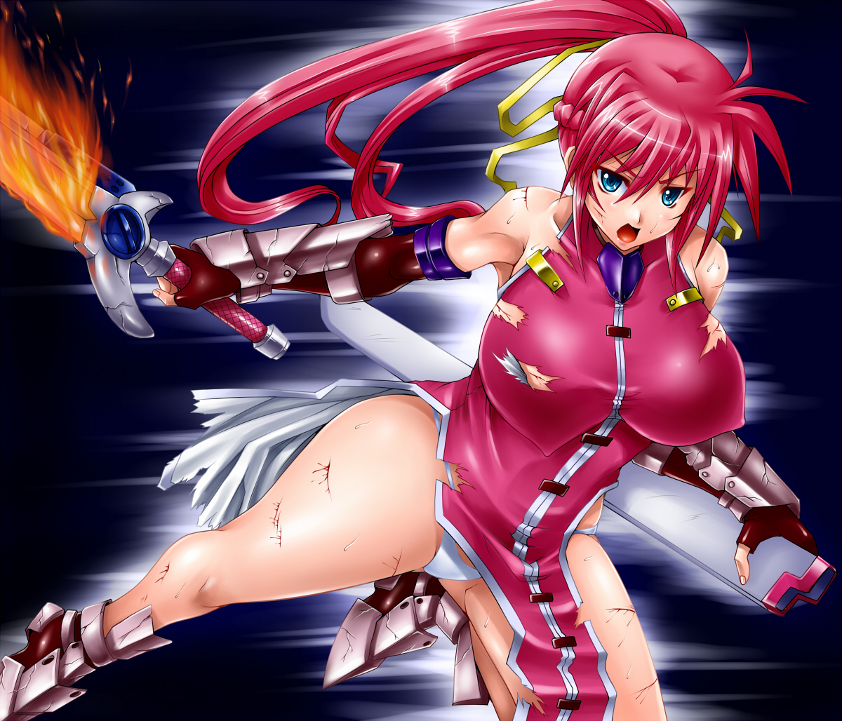 gao (artist), gao (naodayo), laevatein (nanoha), signum, lyrical nanoha, mahou shoujo lyrical nanoha, mahou shoujo lyrical nanoha strikers, 00s, blood, blue eyes, boots, bottomless, breasts, covered erect nipples, cuts, fingerless gloves, gloves, huge breasts, injury, long hair, panties, pink hair, ponytail, thick thighs, thighs, torn clothes, underwear, weapon, whip sword