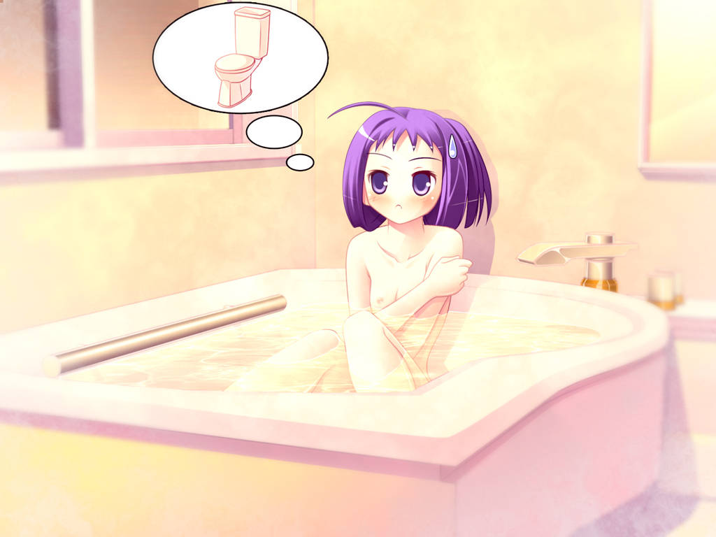 al azif (artist), aru (abyssinia), ayase yue, mahou sensei negima!, 00s, 1girl, ahoge, bath, bathroom, female focus, flat chest, hair up, loli, long hair, nipples, purple hair, solo, sweatdrop, thinking, toilet, water