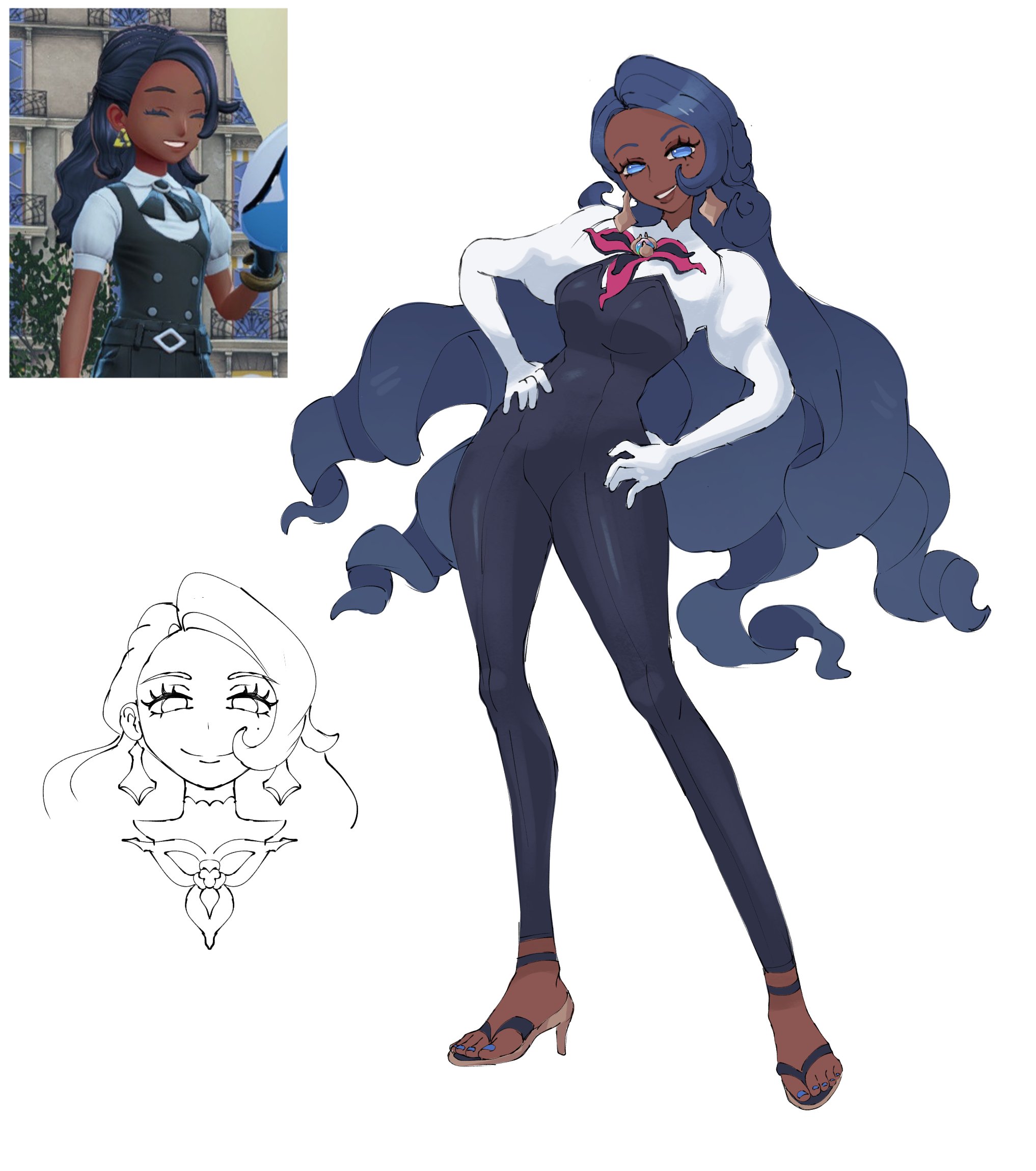 nintendo, pokemon, pokemon legends: z-a, character request, highres, 1girl, alternate skin color, big hair, blue hair, bodysuit, dark-skinned female, dark skin, earrings, jewelry, long hair, official alternate hair color, official alternate skin color, puffy sleeves, reference inset, smile, ssephyr, standing, very long hair
