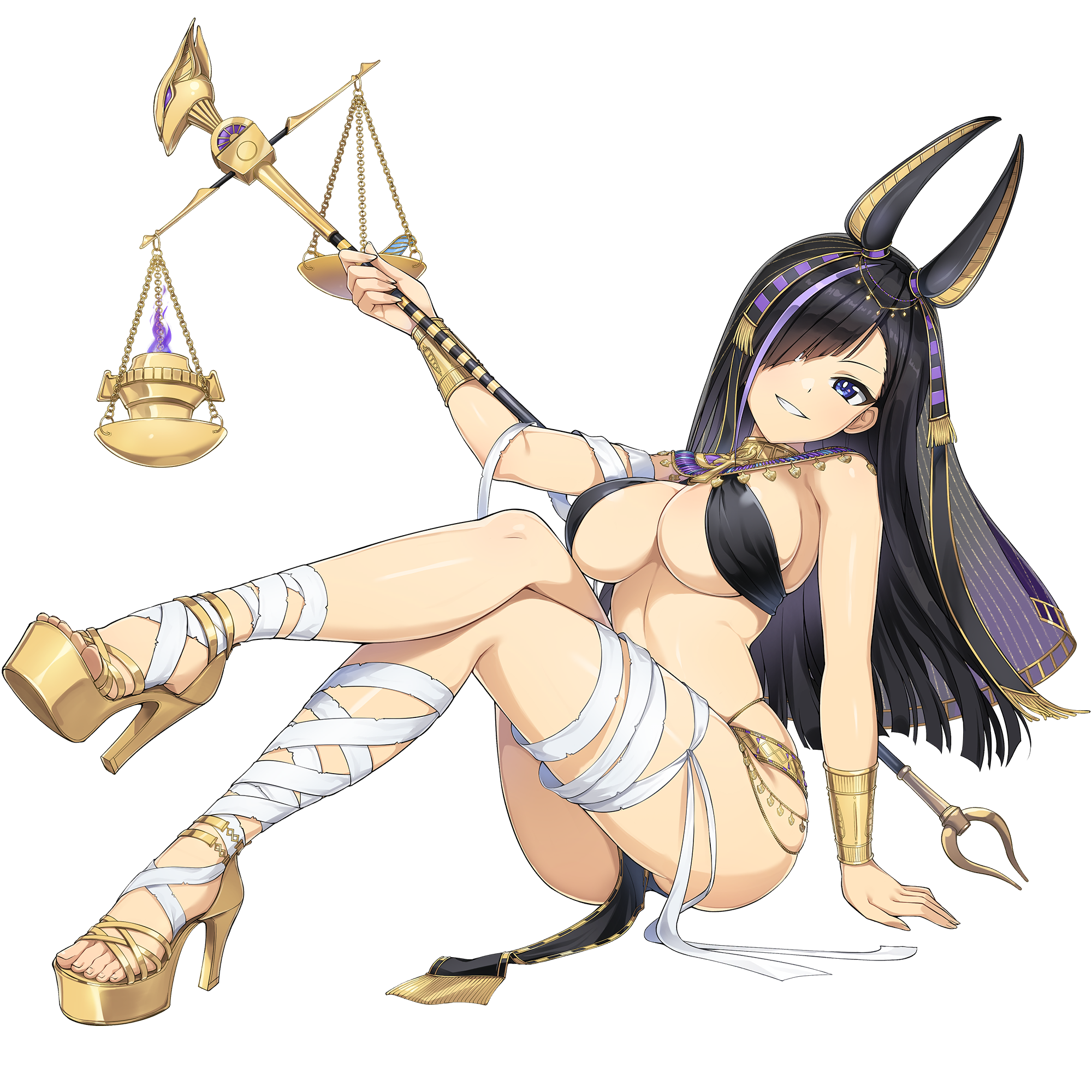 ootomo takuji, anubis (mythology), kurose minami, dolphin wave, game cg, highres, non-web source, official art, 1girl, ancient egyptian, animal ears, anubis (mythology) (cosplay), armlet, bandaged arm, bandaged leg, bandages, black hair, blue eyes, bracelet, breasts, cosplay, hair over eyes, holding scale, jackal ears, jewelry, large breasts, long hair, looking at viewer, navel, official alternate costume, one eye covered, purple streaks, simple background, single hair streak, sitting, smile, solo, transparent background, underboob, waist jewel, weighing scale