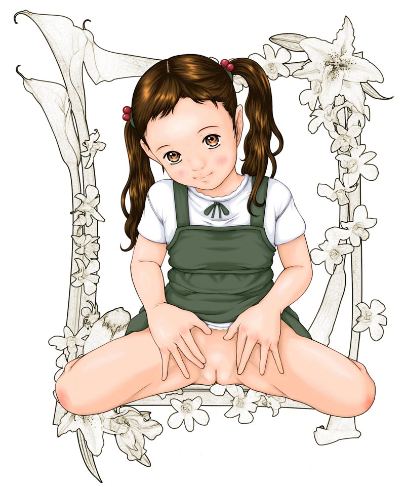 tagme, 1girl, blush, brown hair, clothes lift, dress, dress lift, female focus, loli, no panties, presenting, pussy, solo, spread legs, twintails, uncensored