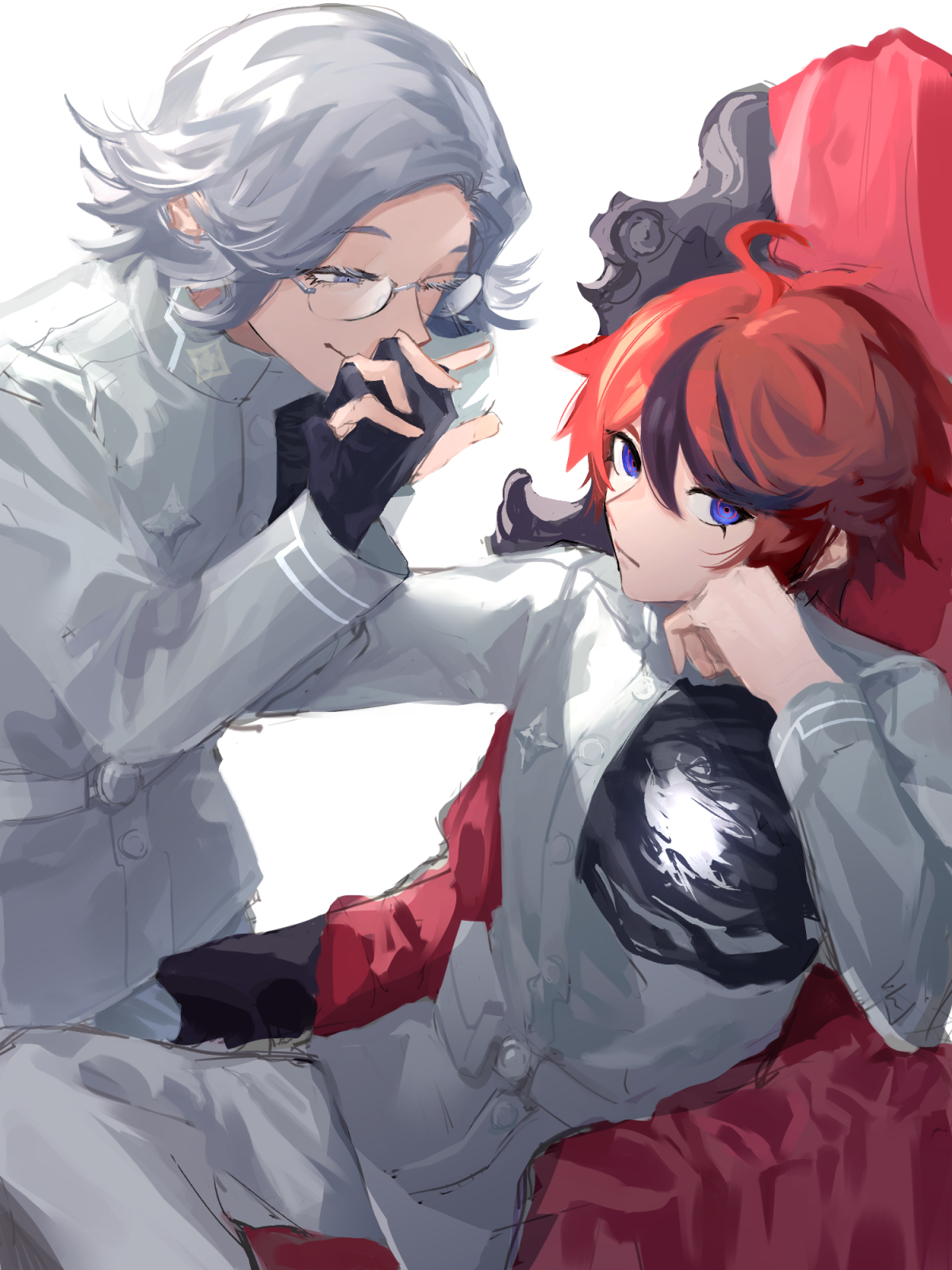 aotsuki eito, sumino takumi, the hundred line -last defense academy-, commentary, highres, 2boys, ahikabi, ahoge, black gloves, black streaks, blue eyes, chair, elbow rest, gakuran, glasses, gloves, grey hair, head rest, holding hands, interlocked fingers, jacket, last defense academy school uniform, looking at another, looking at viewer, male focus, multicolored hair, multiple boys, one eye closed, pants, purple eyes, red hair, ringed eyes, school uniform, short hair, smile, streaked hair, white background, white jacket, white pants, yaoi