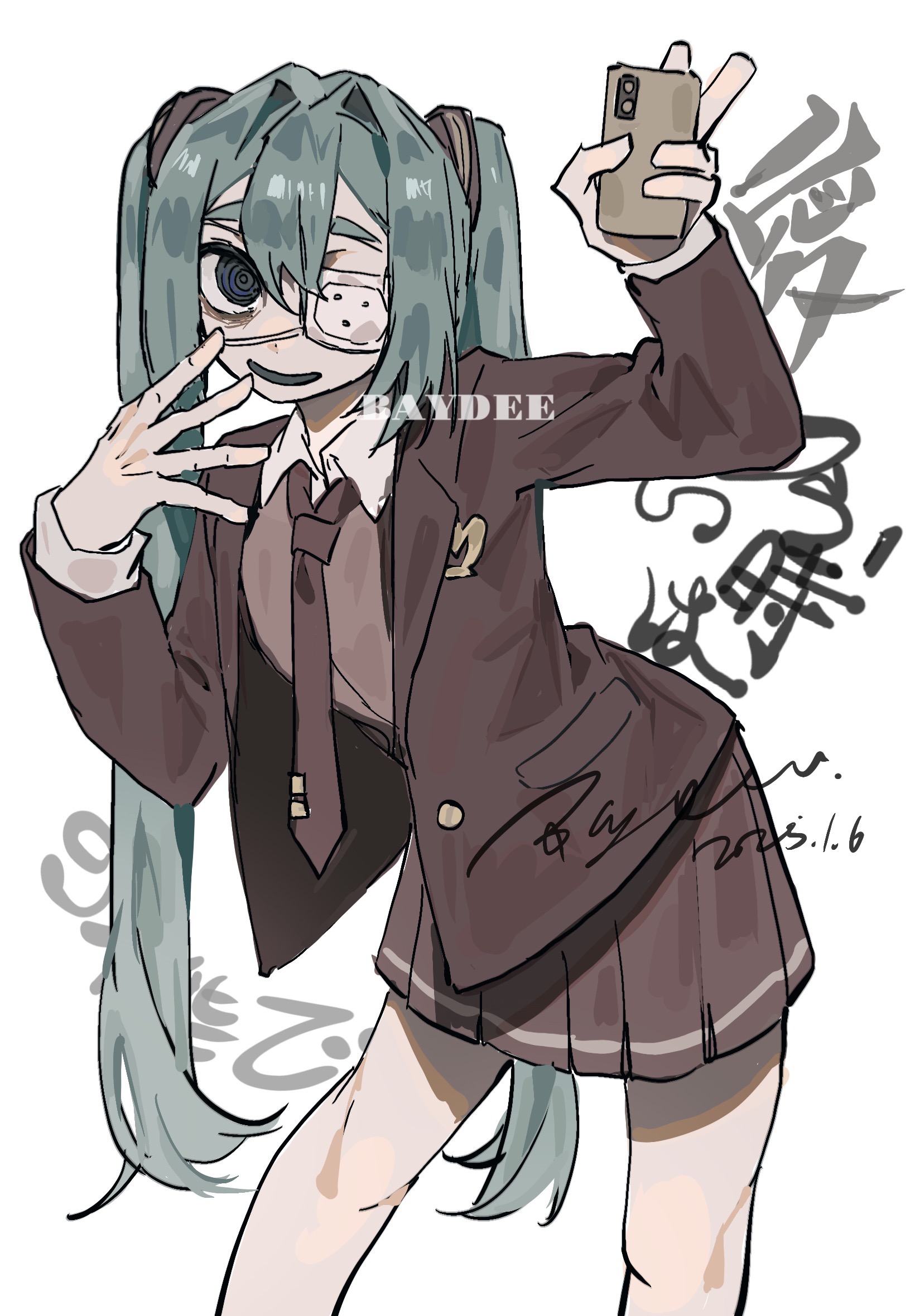 baydee, hatsune miku, monitoring (vocaloid), vocaloid, highres, procreate (medium), 1girl, @ @, aqua hair, bags under eyes, black eyes, blue eyes, brown jacket, brown necktie, brown skirt, brown vest, cellphone, collared shirt, eyepatch, hair between eyes, hair intakes, hands up, holding, holding phone, jacket, leaning forward, long hair, long sleeves, looking at viewer, medical eyepatch, necktie, open clothes, open jacket, open mouth, phone, pleated skirt, school uniform, shirt, simple background, skirt, smartphone, smile, solo, standing, twintails, very long hair, vest, white background, white shirt