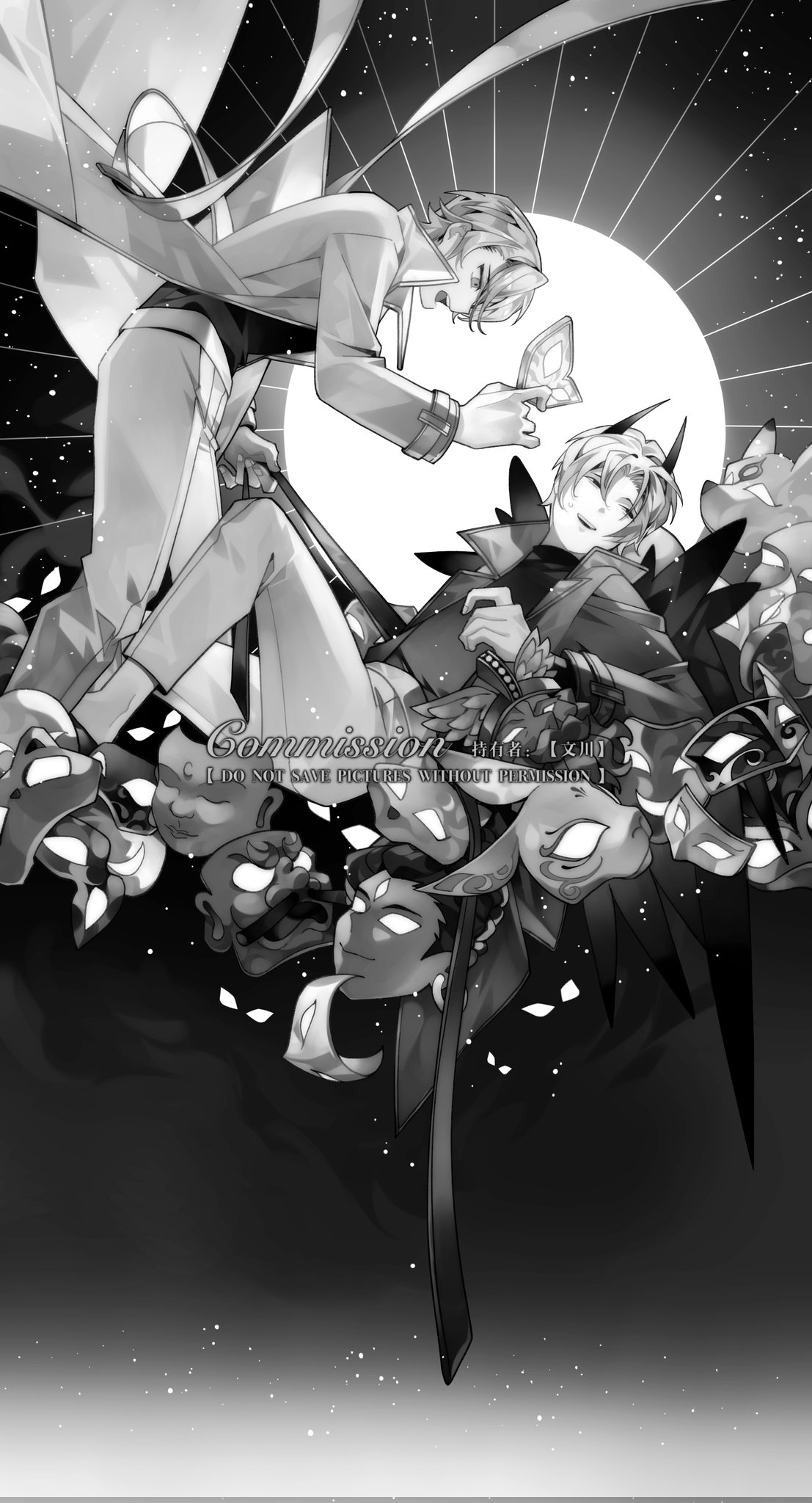omniscient reader's viewpoint, commentary, english commentary, highres, black wings, cheon inho, coat, curtained hair, demon horns, disembodied head, feathered wings, fox mask, full body, glowing, glowing eyes, greyscale, head tilt, holding, holding mask, horns, lee hakhyun, light particles, light rays, looking at another, lying, mask, masquerade mask, monochrome, nicayuko, on back, oni mask, open clothes, open coat, open mouth, popped collar, rabbit mask, short hair, sun behind head, suspenders pull, sweatdrop, too many masks, white coat, wind, wind lift, wings