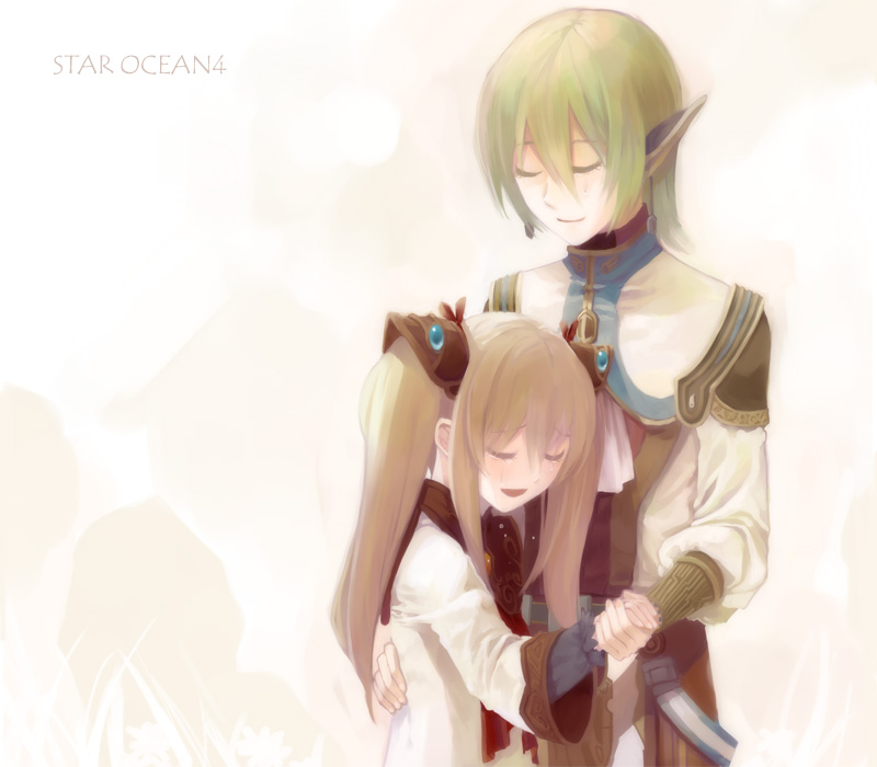 itsuki (s2 129), faize scheifa beleth, lymle lemuri phi, star ocean, star ocean: the last hope, 1boy, 1girl, bishounen, child, couple, ear covers, hetero, holding hands, hug, official alternate costume, tears, twintails