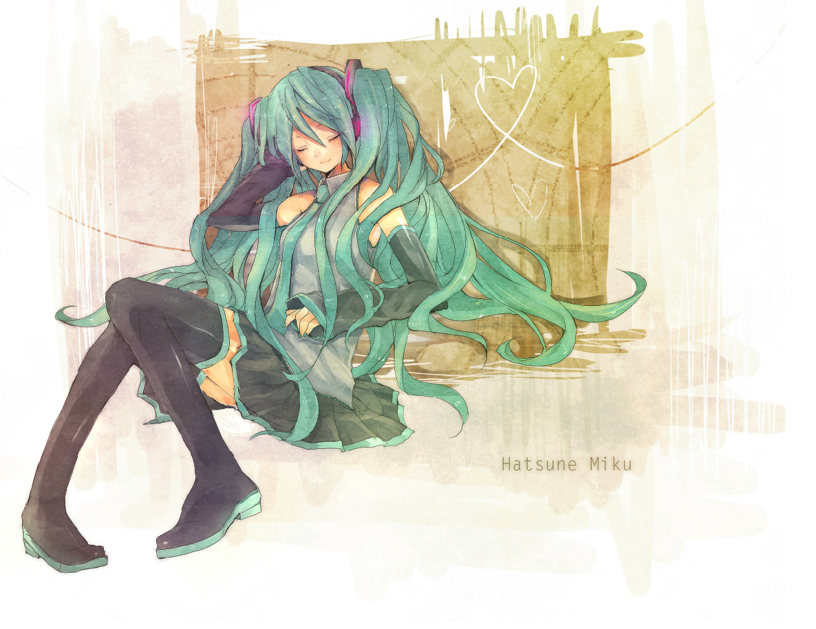 heca, hatsune miku, vocaloid, 1girl, aqua hair, aqua nails, detached sleeves, female focus, headphones, heart, heart of string, long hair, nail polish, necktie, skirt, smile, solo, thighhighs, zettai ryouiki