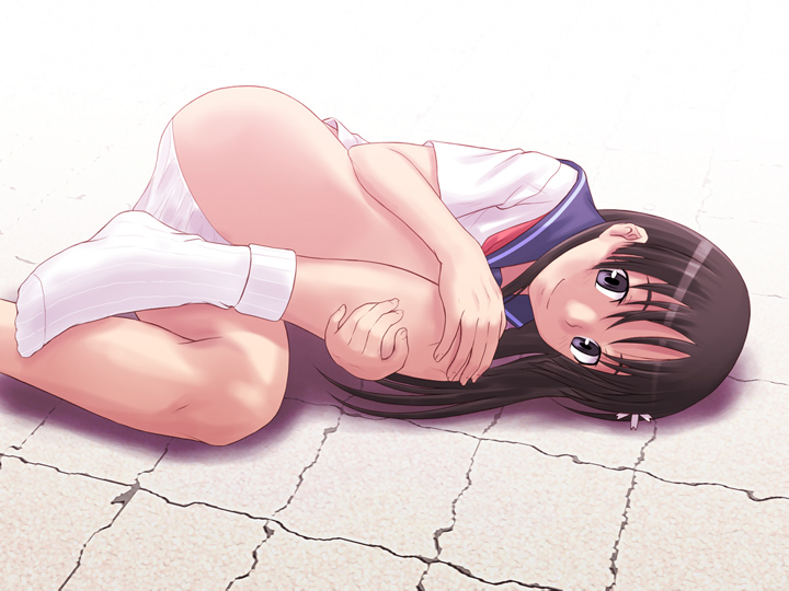 itou nobuhiro, saten ruiko, toaru kagaku no railgun, toaru majutsu no index, 00s, 1girl, ass, blunt bangs, bottomless, brown hair, feet, female focus, flower, hair flower, hair ornament, long hair, lying, no pants, panties, purple eyes, school uniform, serafuku, socks, solo, underwear, white panties