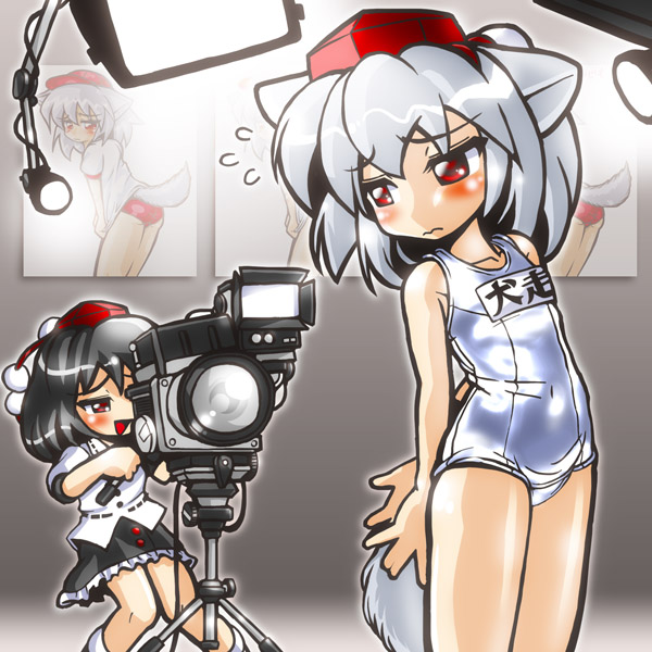 winn, inubashiri momiji, shameimaru aya, touhou, lights, 2girls, animal ears, black hair, blush, camcorder, camera, embarrassed, female focus, grey hair, hat, multiple girls, name tag, one-piece swimsuit, red eyes, school swimsuit, swimsuit, tail, tokin hat, tv camera, video camera, white one-piece swimsuit, white school swimsuit, wolf ears, wolf tail