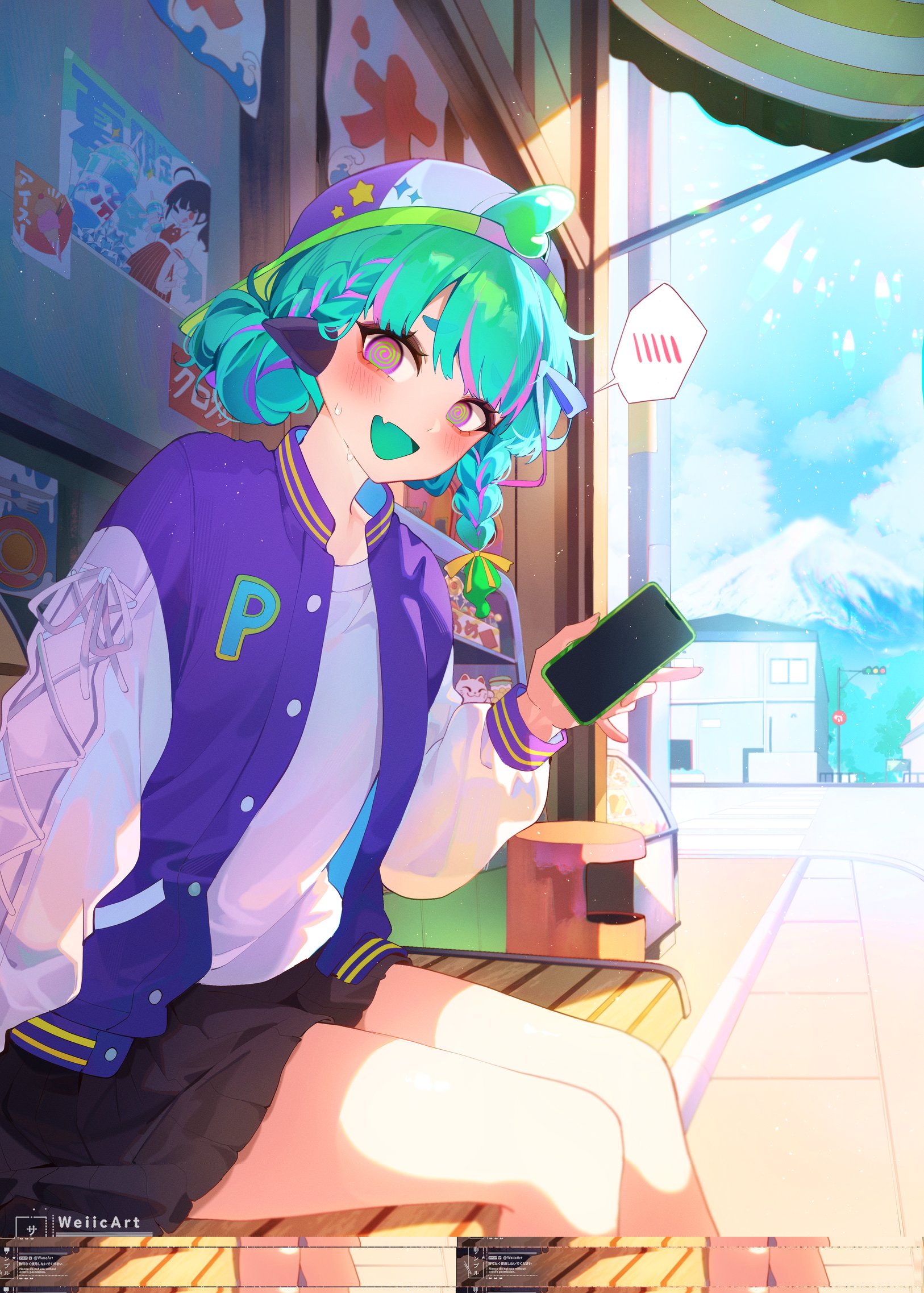 weiic, piapi ufo, indie virtual youtuber, highres, 1girl, @ @, backwards hat, black skirt, braid, buttons, cloud, colored tongue, fang, green hair, green tongue, hat, holding, holding phone, jacket, letterman jacket, mountain, multicolored hair, open mouth, phone, purple hair, purple hat, purple jacket, sitting, skin fang, skirt, sky, solo, spoken blush, star (symbol), streaked hair, virtual youtuber, white sleeves