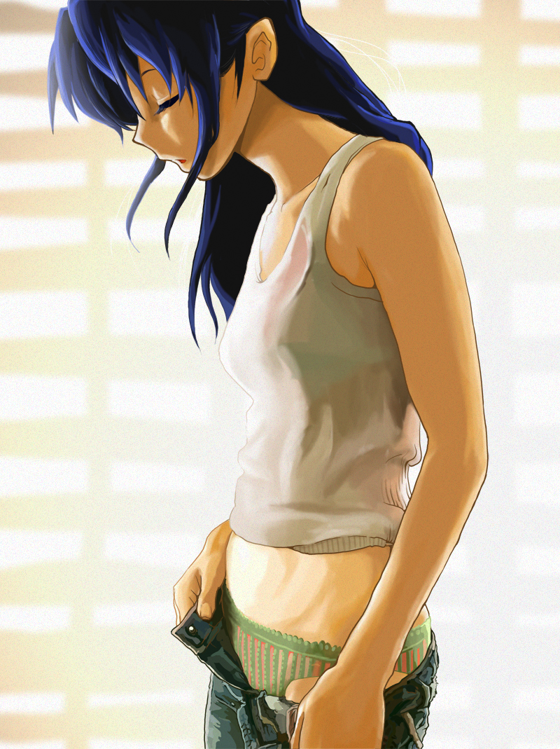te2, kawashima ami, toradora!, striped, 00s, 1girl, blue hair, closed eyes, denim, female focus, jeans, long hair, open mouth, panties, pants, solo, tank top, underwear, undressing
