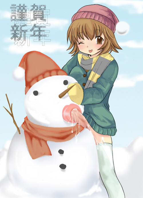 artist request, character request, source request, tagme, 1futa, artificial vagina, brown eyes, brown hair, buttons, clothed sex, futanari, hat, scarf, sex toy, smile, snow, snowman, solo, sweater, thighhighs, tongue, twig