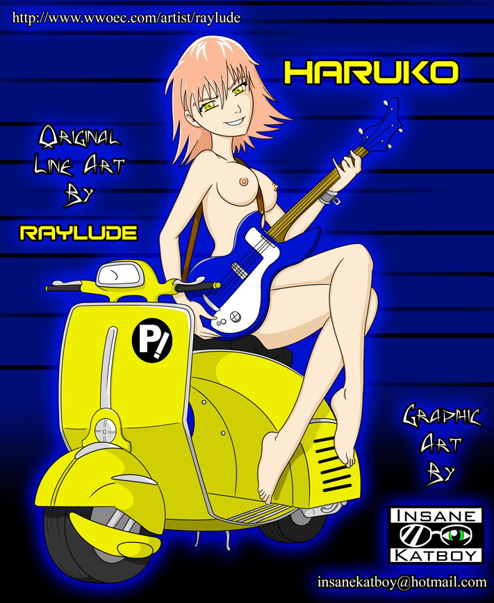 haruhara haruko, flcl, vespa, barefoot, breasts, motor vehicle, nipples, nude, scooter