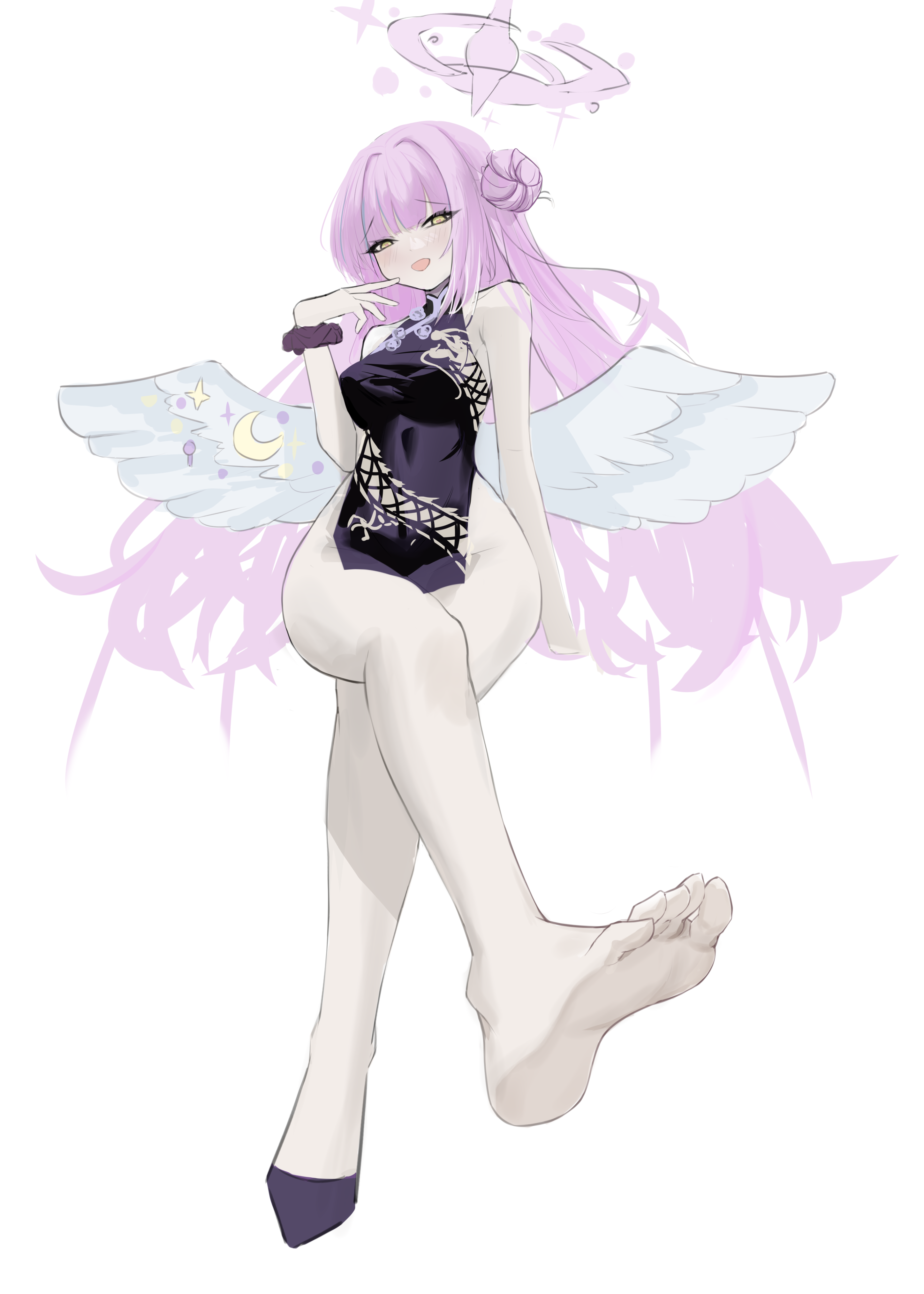 kisaki (blue archive), mika (blue archive), absurdres, highres, 1girl, :d, armpit crease, bare shoulders, blunt bangs, blush, breasts, china dress, chinese clothes, cosplay, dress, feet, foot focus, gluteal fold, hair bun, hair intakes, halo, halterneck, hand up, heart, heart-shaped pupils, kisaki (blue archive) (cosplay), large breasts, long hair, looking at viewer, narrowed eyes, open mouth, pink hair, scrunchie, sidelocks, simple background, sitting, smile, solo, symbol-shaped pupils, thighs, toes, white background, wide hips, wings, wrist scrunchie, ye he yue, yellow eyes