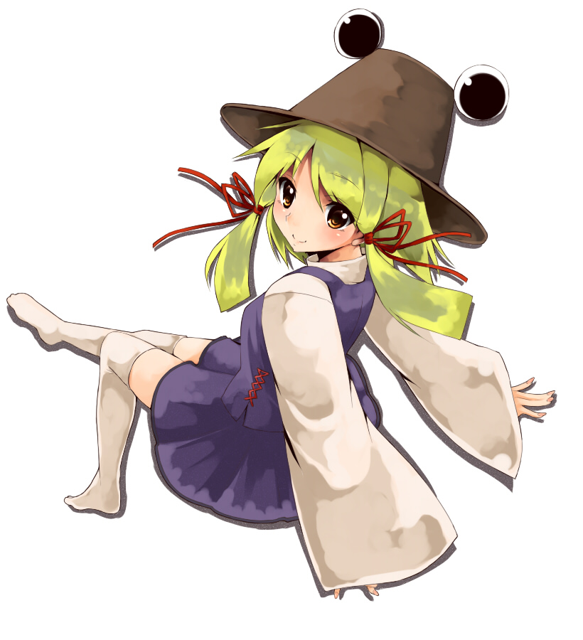 yuuki (ashitahare), moriya suwako, touhou, bad id, bad pixiv id, 1girl, blonde hair, dress, female focus, full body, hair ribbon, hat, looking back, ribbon, simple background, smile, solo, thighhighs, white background, yellow eyes