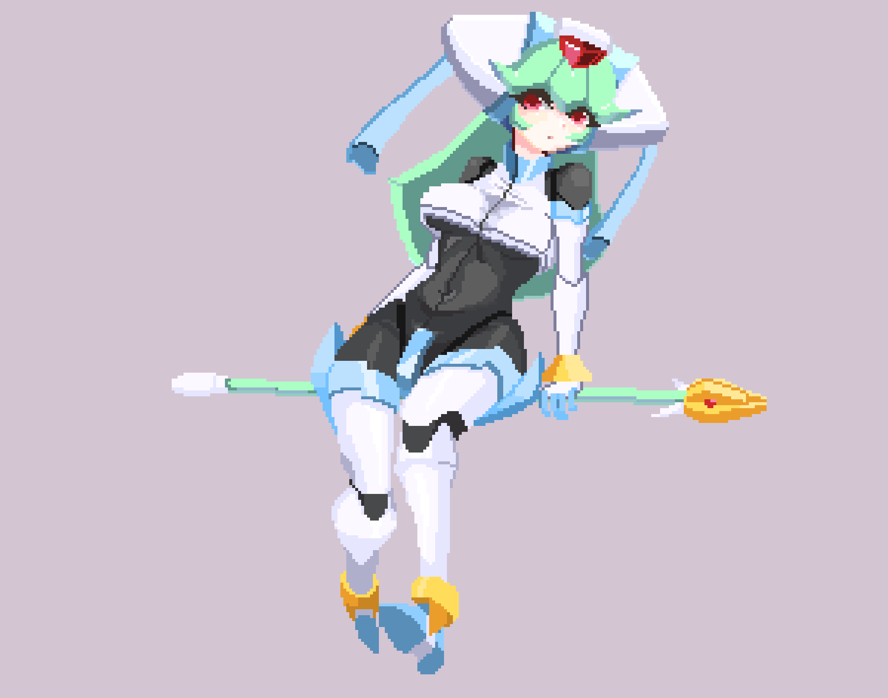 model w (mega man), pandora (mega man), mega man (series), mega man zx, highres, armor, breasts, crotch plate, forehead jewel, full body, green hair, helmet, holding, holding staff, long hair, medium breasts, pink background, pixel art, red eyes, saltmann, simple background, staff, white armor, white helmet