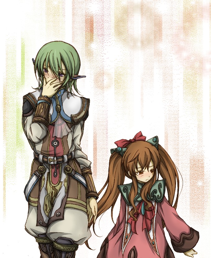 jenigata, faize scheifa beleth, lymle lemuri phi, star ocean, star ocean: the last hope, 1boy, 1girl, bishounen, blush, child, couple, ear covers, hetero, ribbon, twintails