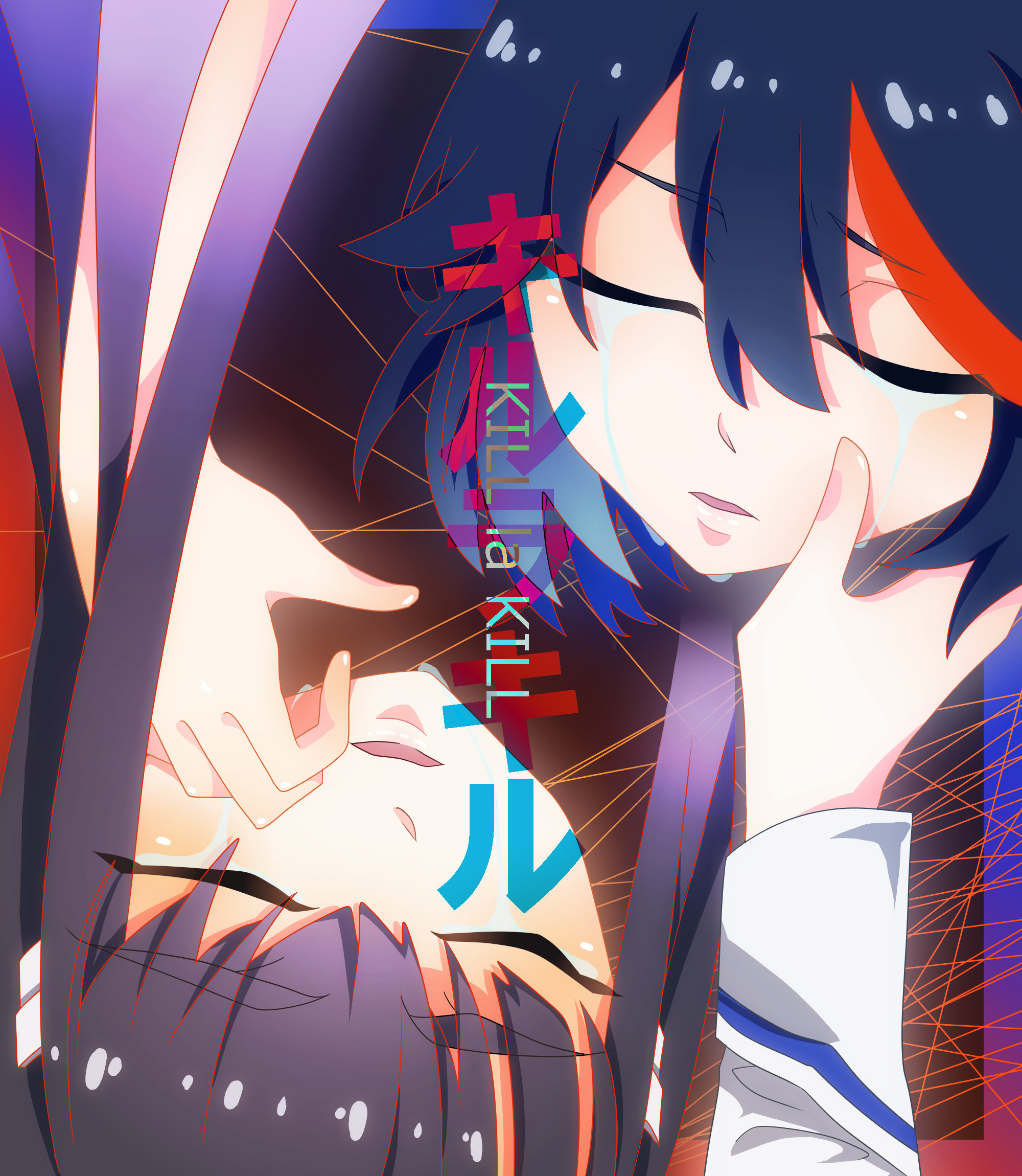amagi 817, junketsu, kiryuuin satsuki, matoi ryuuko, senketsu, kill la kill, highres, black hair, closed eyes, hand on own cheek, hand on own face, life fiber, living clothes, multicolored hair, siblings, sisters, tears, thick eyebrows, wiping tears