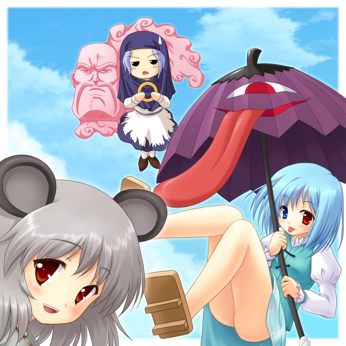 yamasan, edajima heihachi, kumoi ichirin, nazrin, tatara kogasa, unzan, sakigake!! otokojuku, touhou, 3girls, :p, animal ears, blue hair, blush, bracelet, geta, grey hair, heterochromia, hood, jewelry, karakasa obake, mouse ears, multiple girls, red eyes, ring, short hair, sweatdrop, tongue, tongue out, umbrella