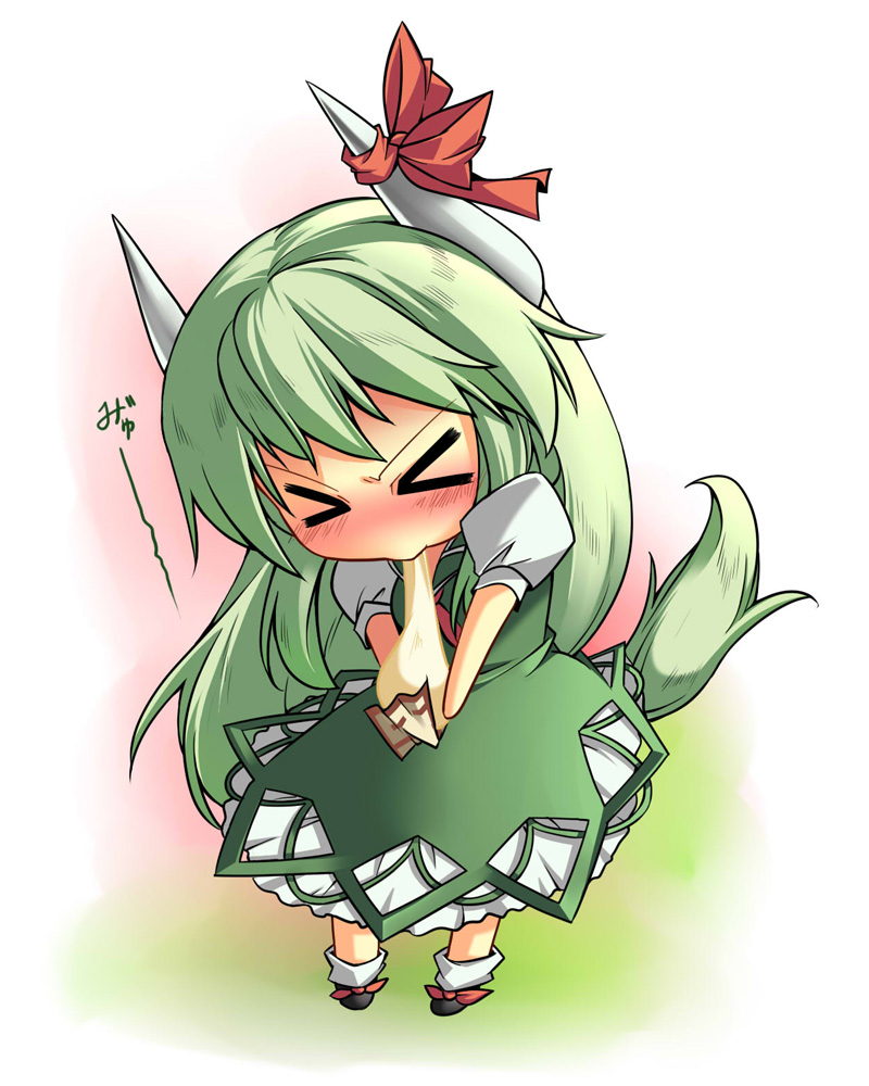 beihan, kokka han, ex-keine, kamishirasawa keine, touhou, > <, 1girl, :>, blush, chibi, closed eyes, eating, female focus, food, green hair, horn ornament, horn ribbon, horns, long hair, mochi, ribbon, solo, tail, wagashi